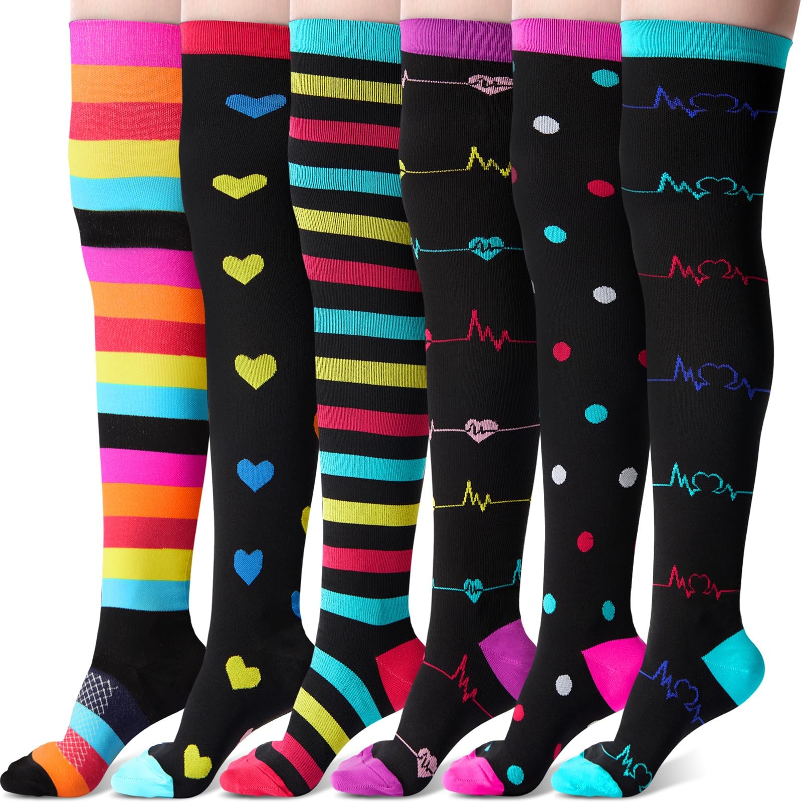 Chicingyo 6 Pairs Thigh High Compression Socks for 15-20 mmHg, Multicolor