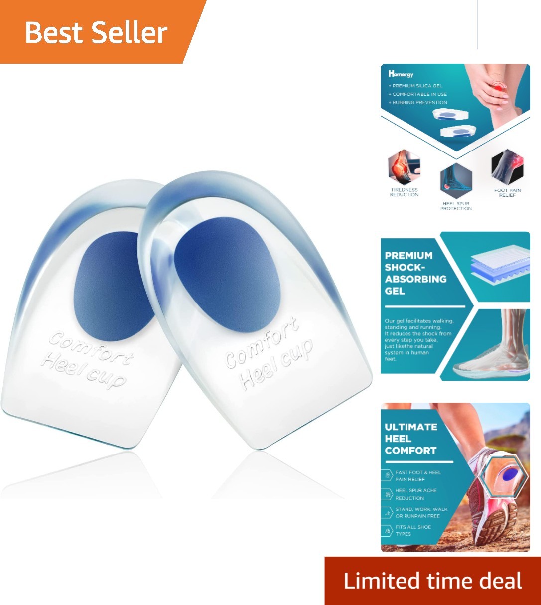 Comfortable Gel Heel Cups for Achilles Tendonitis – 2 Pack | Pain Relief