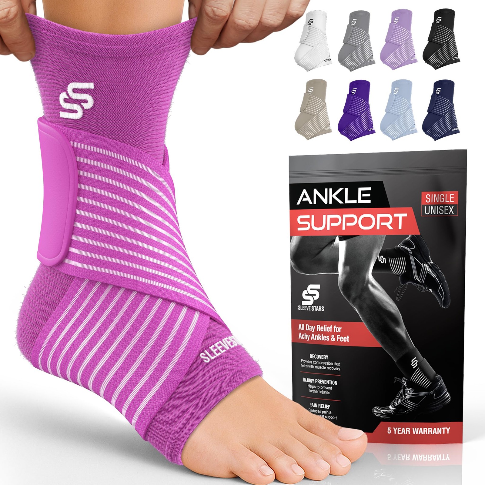 Ankle Brace Compression Sleeve Removable Strap L 12-13in Hot Pink Support
