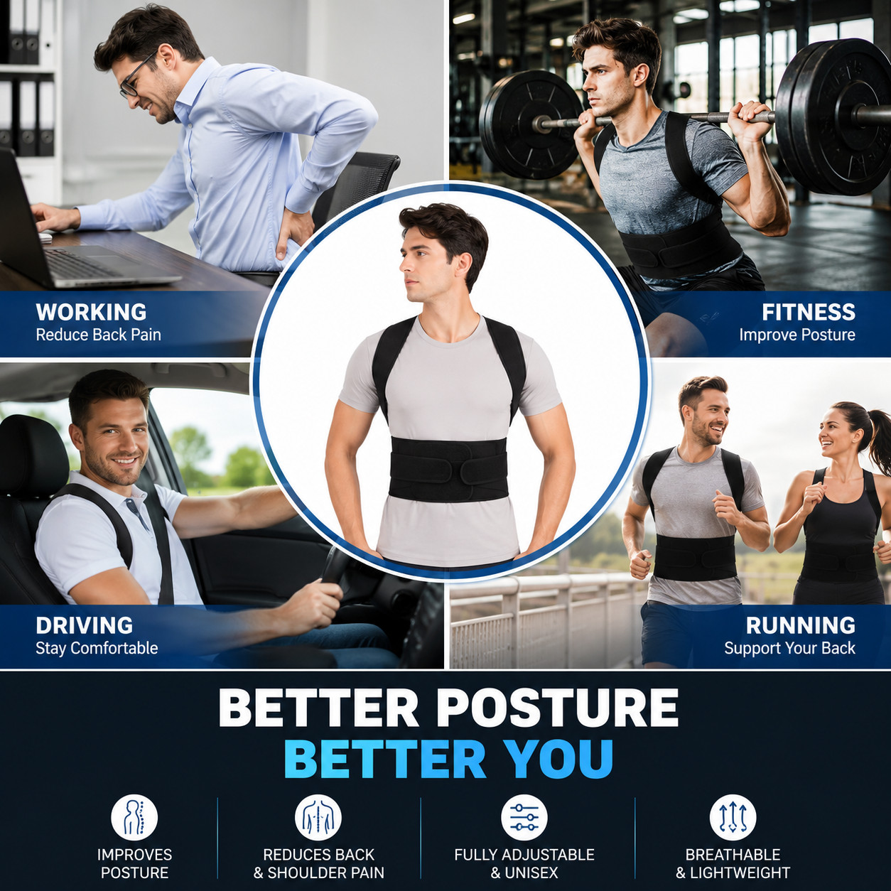 Adjustable Posture Corrector Low Back Support Shoulder Brace Belt for Men Women