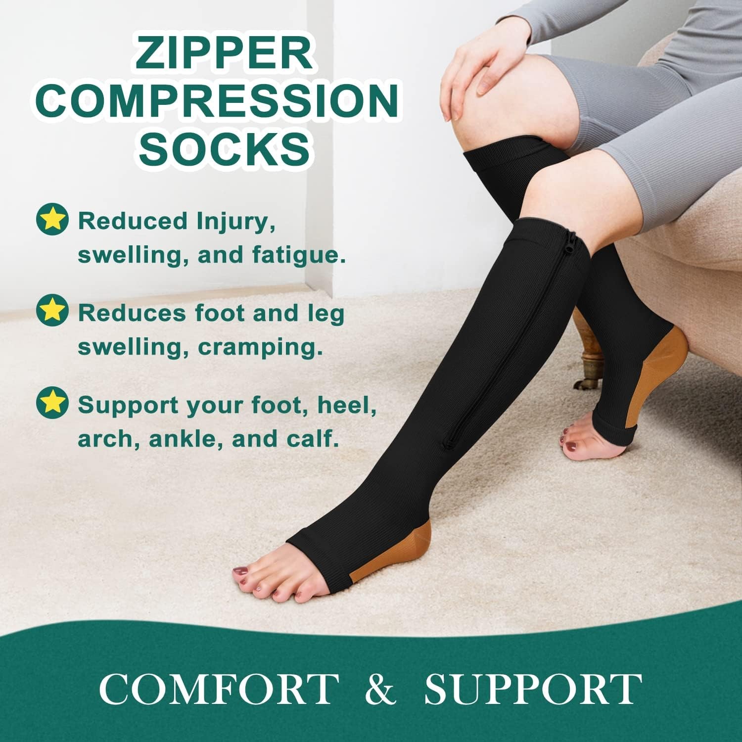 2 Pairs Copper Zipper Compression Socks 15-20mmgh-Calf Knee High Open Toe Sup…