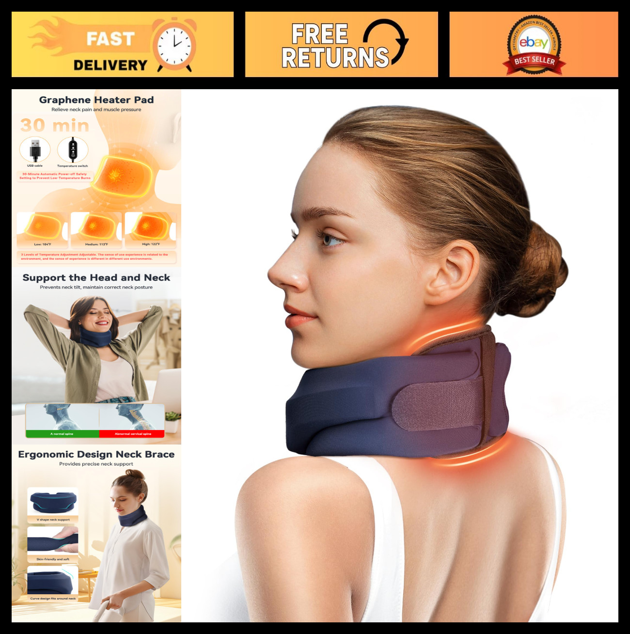 Heated Neck Support Brace – Cervical Collar with Heating Pad, Soft Foam Relief f