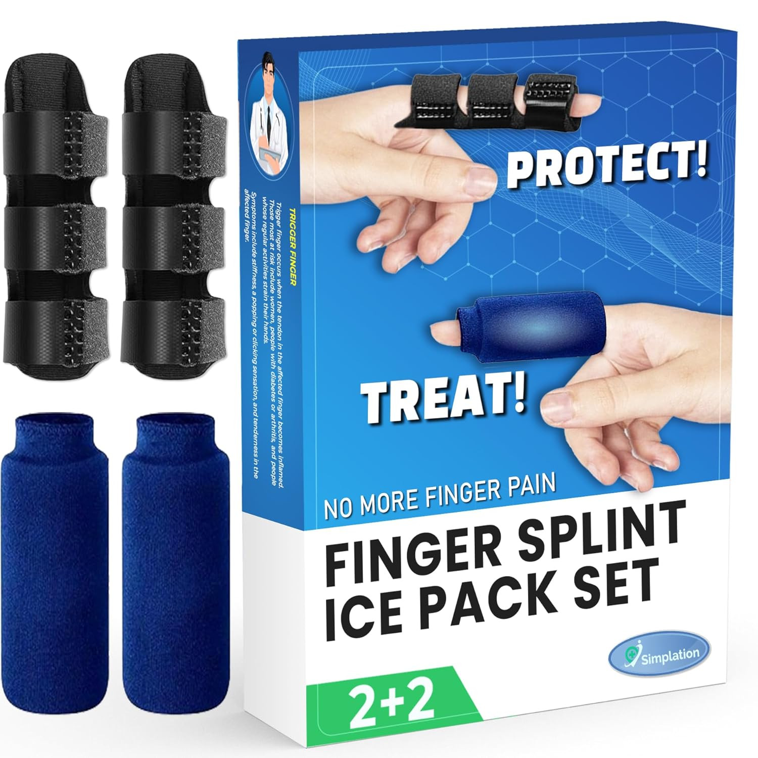 Trigger Finger Splint and Ice Pack (2+2 Set) for Pain Relief, Knuckle Immobiliza