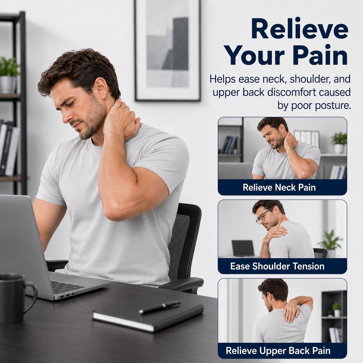 Posture Corrector for Men, Adjustable Upper Back Brace S/M, Black and Gray