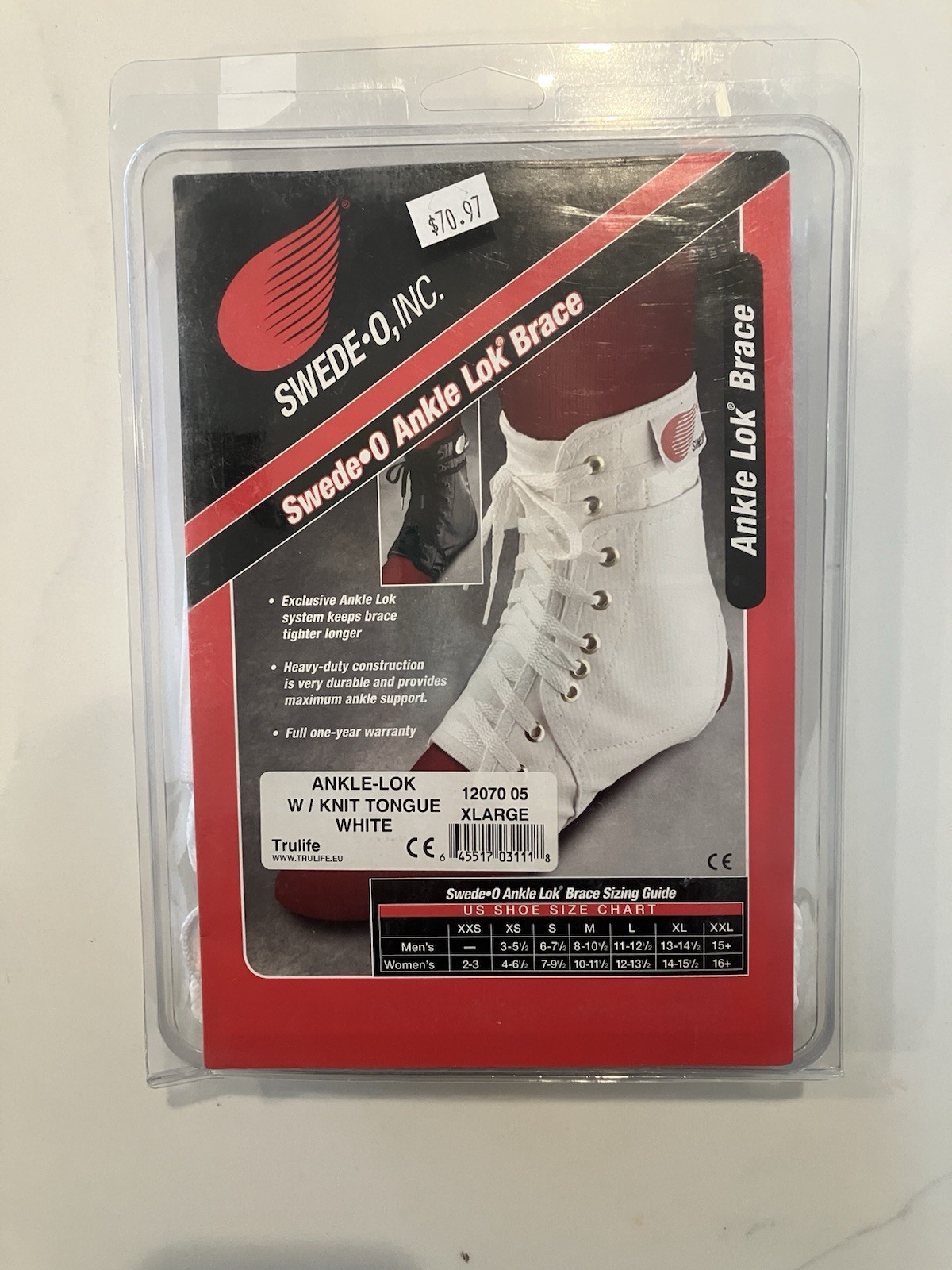 Swede-O Ankle Lok Ankle Brace New Size XL Fits Right or Left Made in USA White