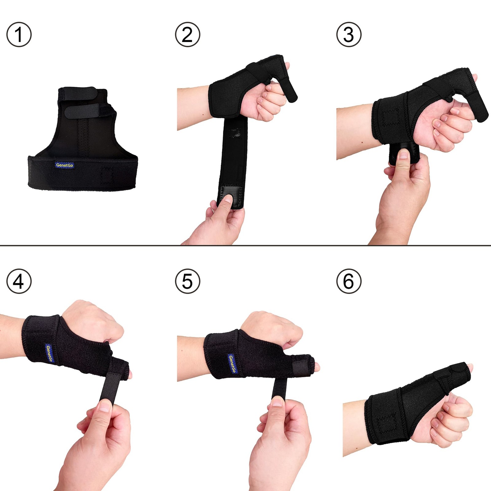 GenetGo Trigger Thumb Splint – Spica Support Brace One Size, Black