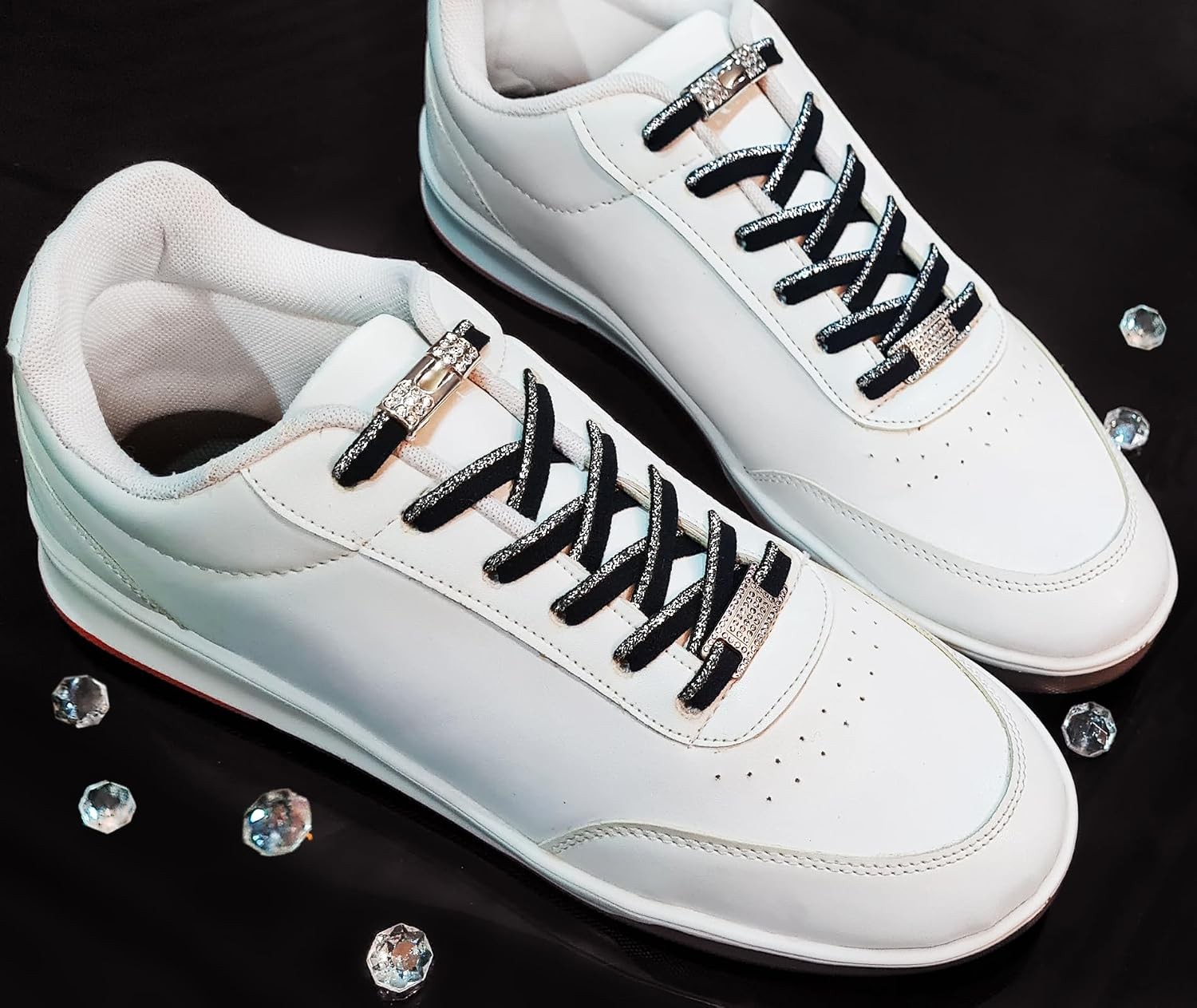Elastic No Tie Shoe Laces with Bling Diamond Locks & Charms for Women’s Sneakers