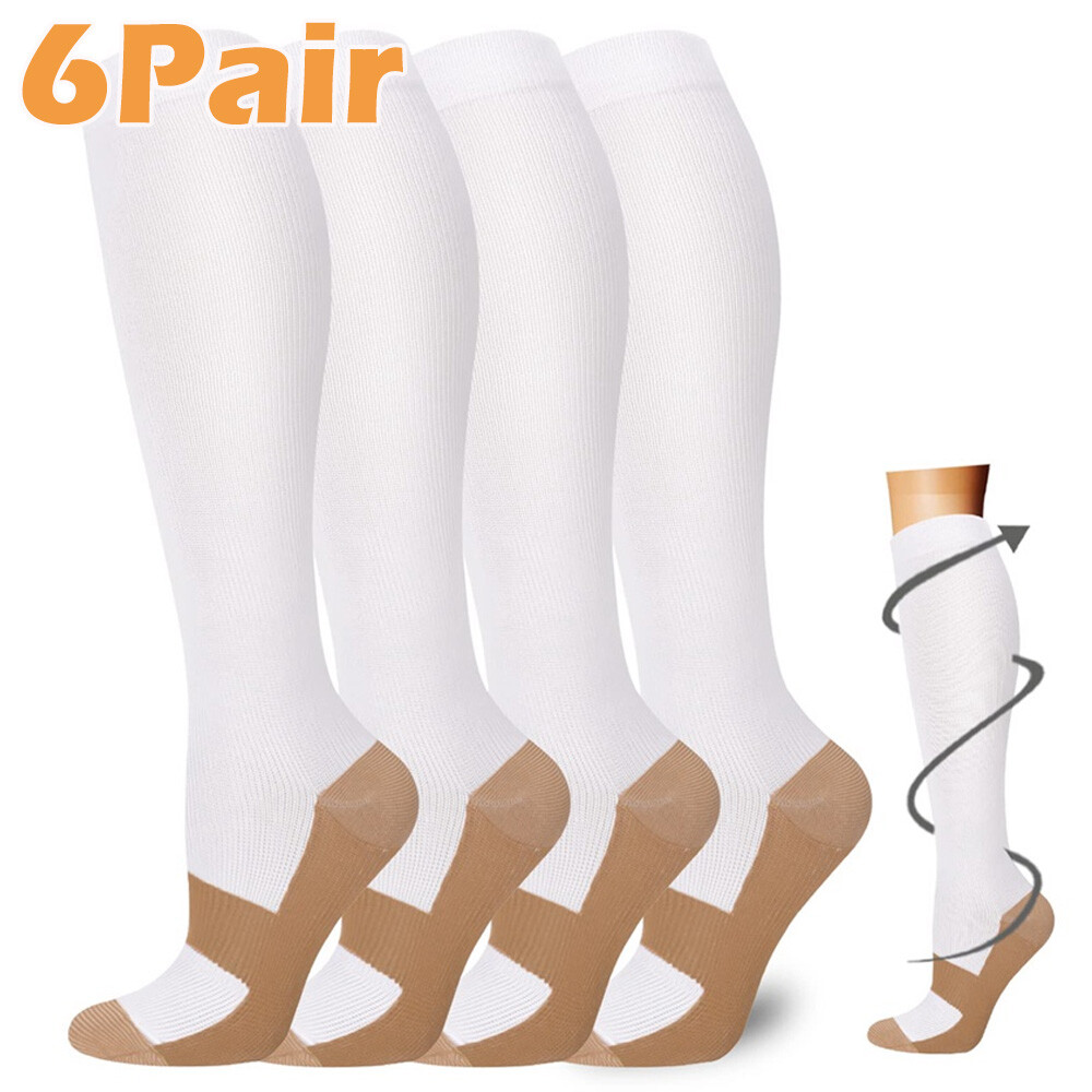 6 Pair Copper Compression Socks Gym Relief Ankle Support Brace High Knee Sleeve
