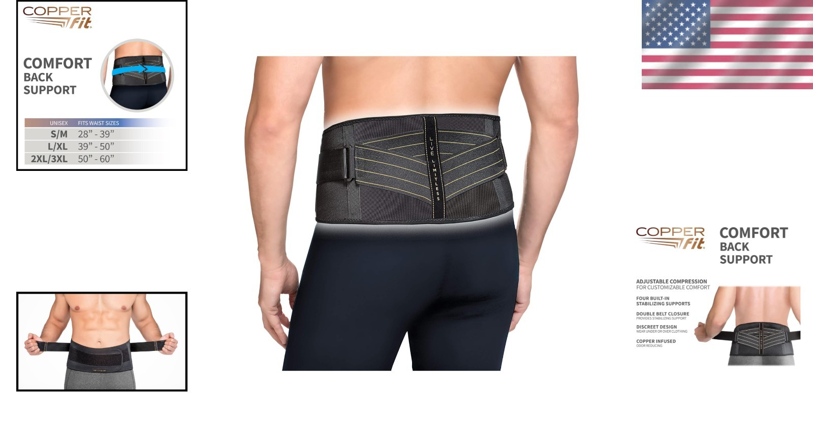 Lightweight Copper Back Support with Adjustable Fit, Black Color, Waist 39”-50”