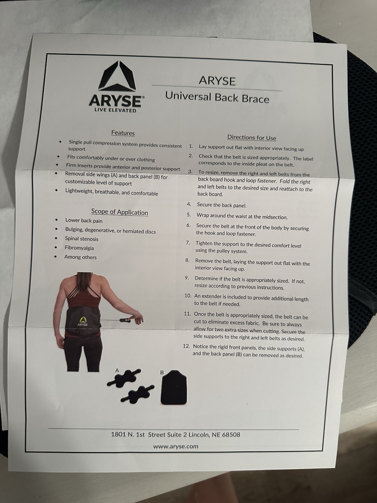 Aryse Live Elevated Universal Back Brace Lumbar Back Support Adjustable Fits All