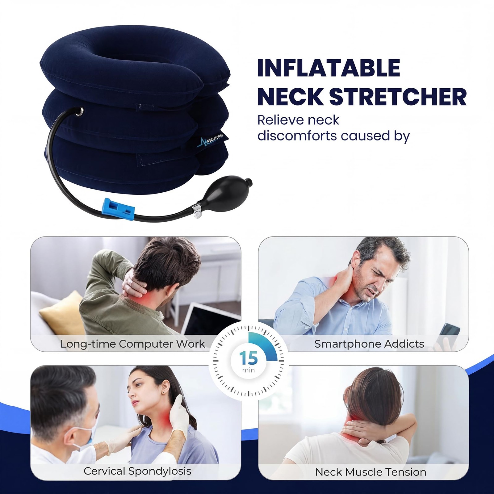 Neck Stretcher, Cervical Traction Device, Adjustable (S,M,L), Blue