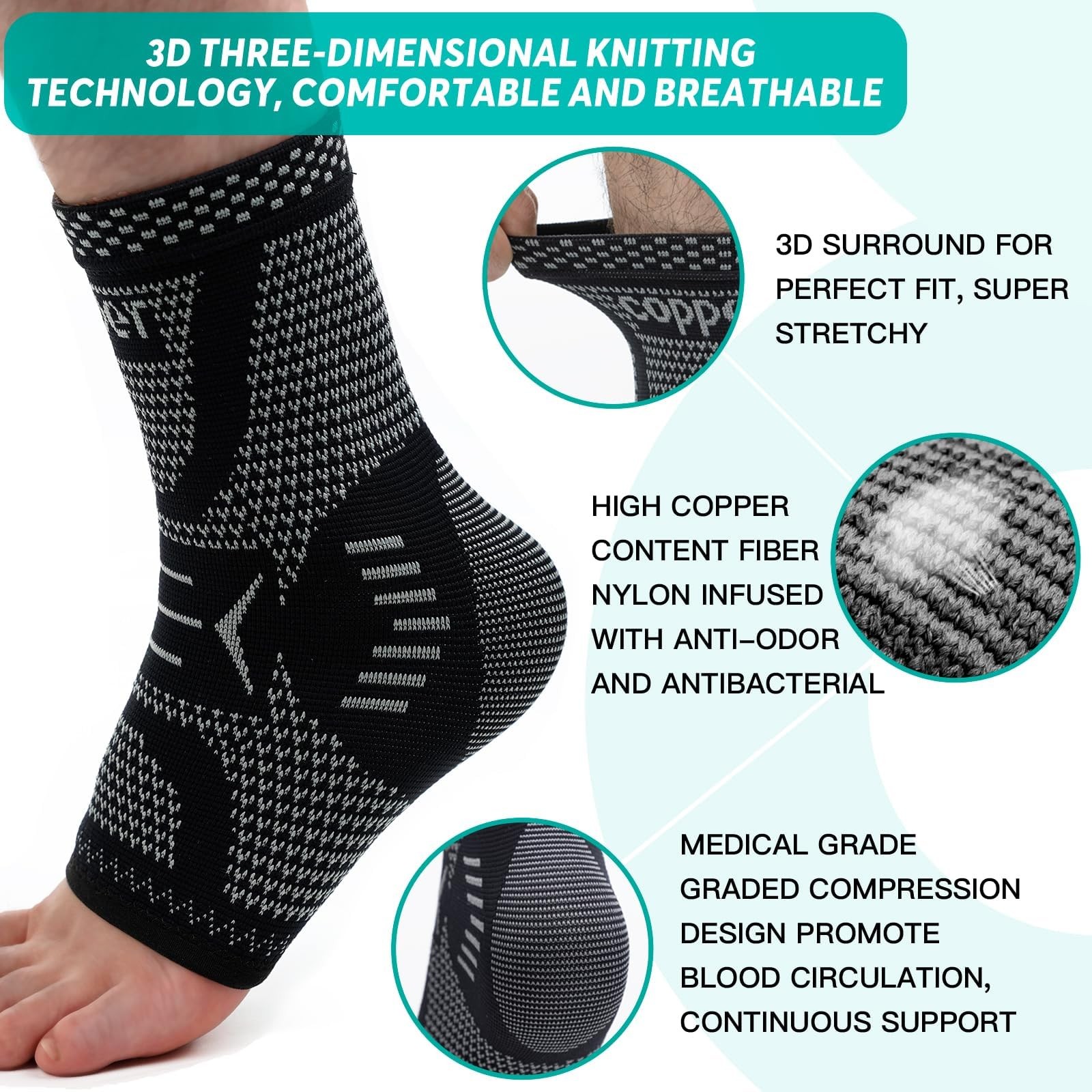 INDEEMAX Copper Ankle Brace Large, Copper-Silver Black 2 Pack
