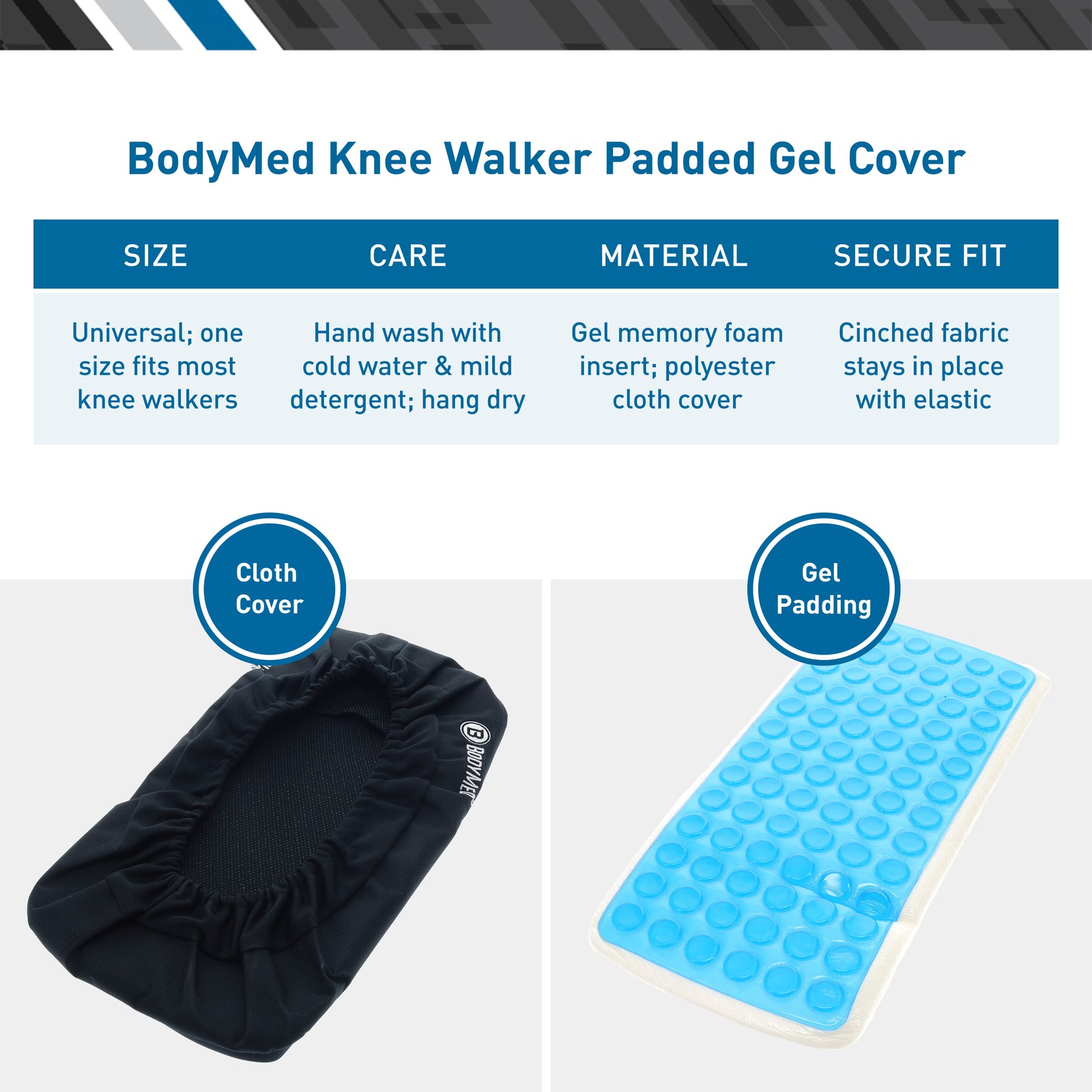 BodyMed Knee Walker Padded Gel Cover, Gel + Memory Foam Cushion, Elastic Fit
