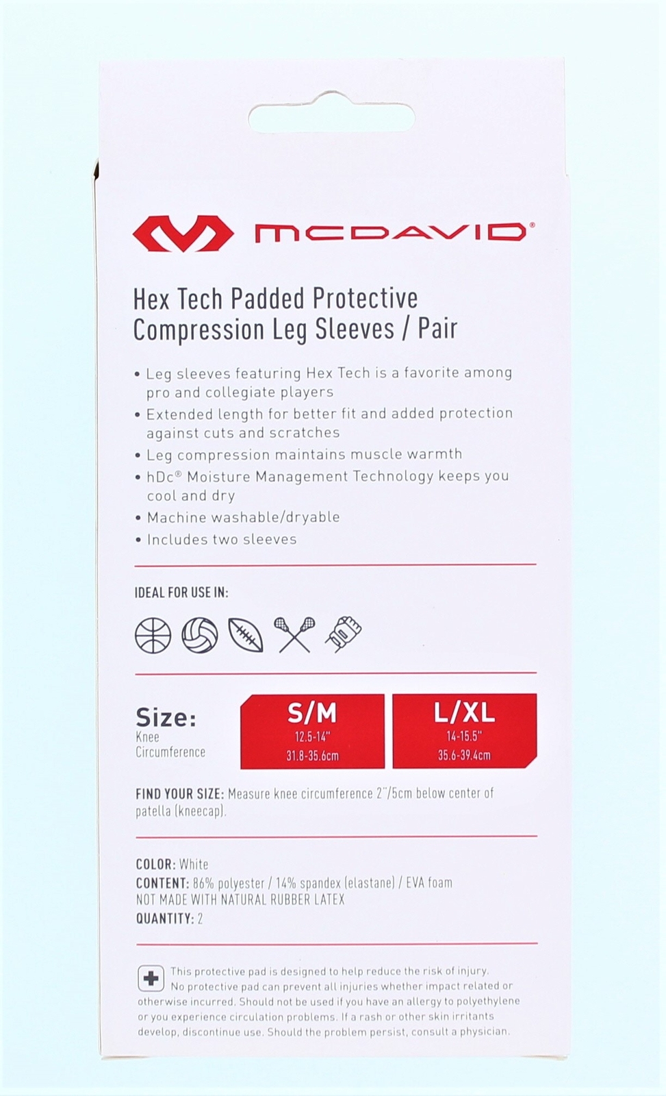 McDavid Sport HEX Tech Padded Protective Compression Leg Sleeve Size S/M (White)