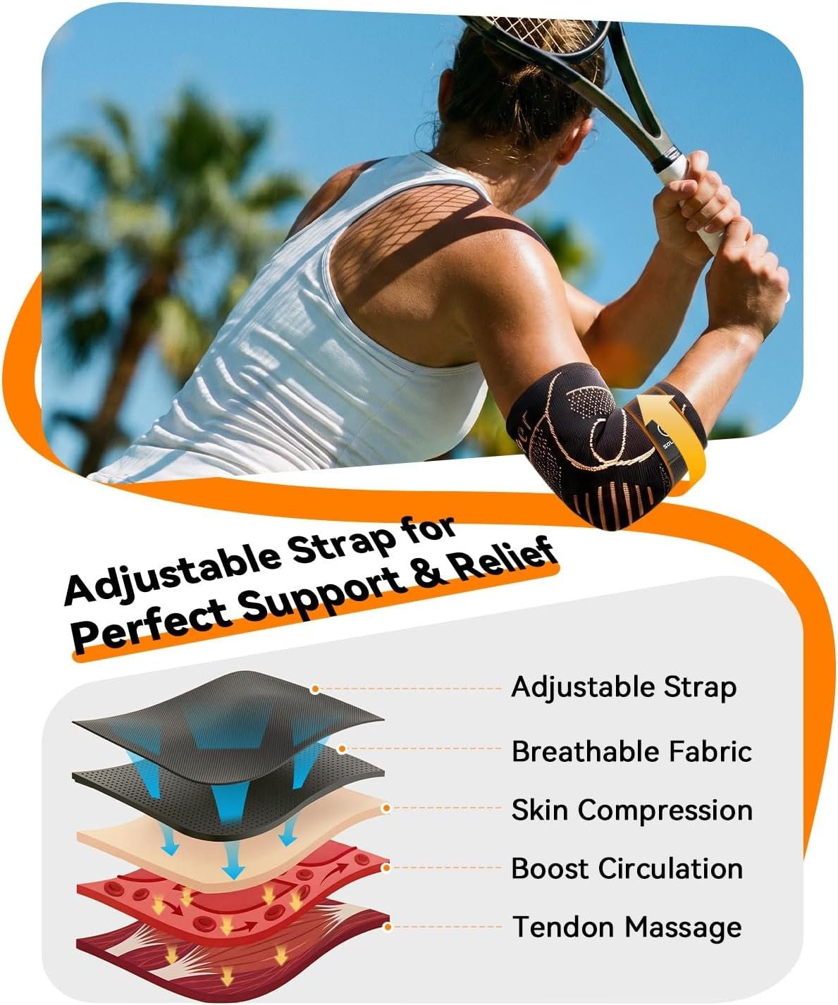 Copper Elbow Compression Sleeve with Adjustable Strap [Medical-Grade ＆ Target…