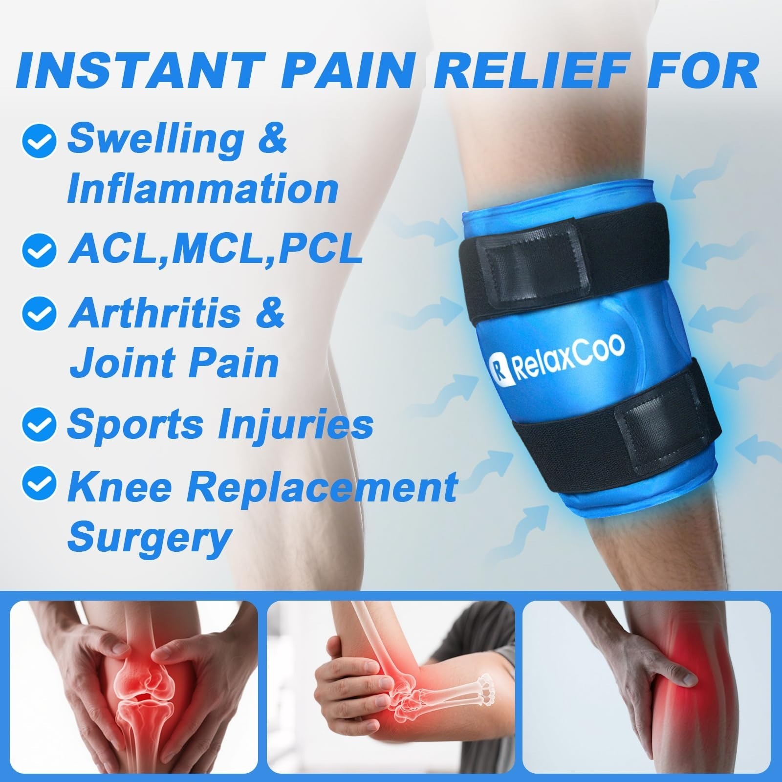 RelaxCoo Ice Pack for Knee Pain Relief, Reusable Gel Wrap, Blue