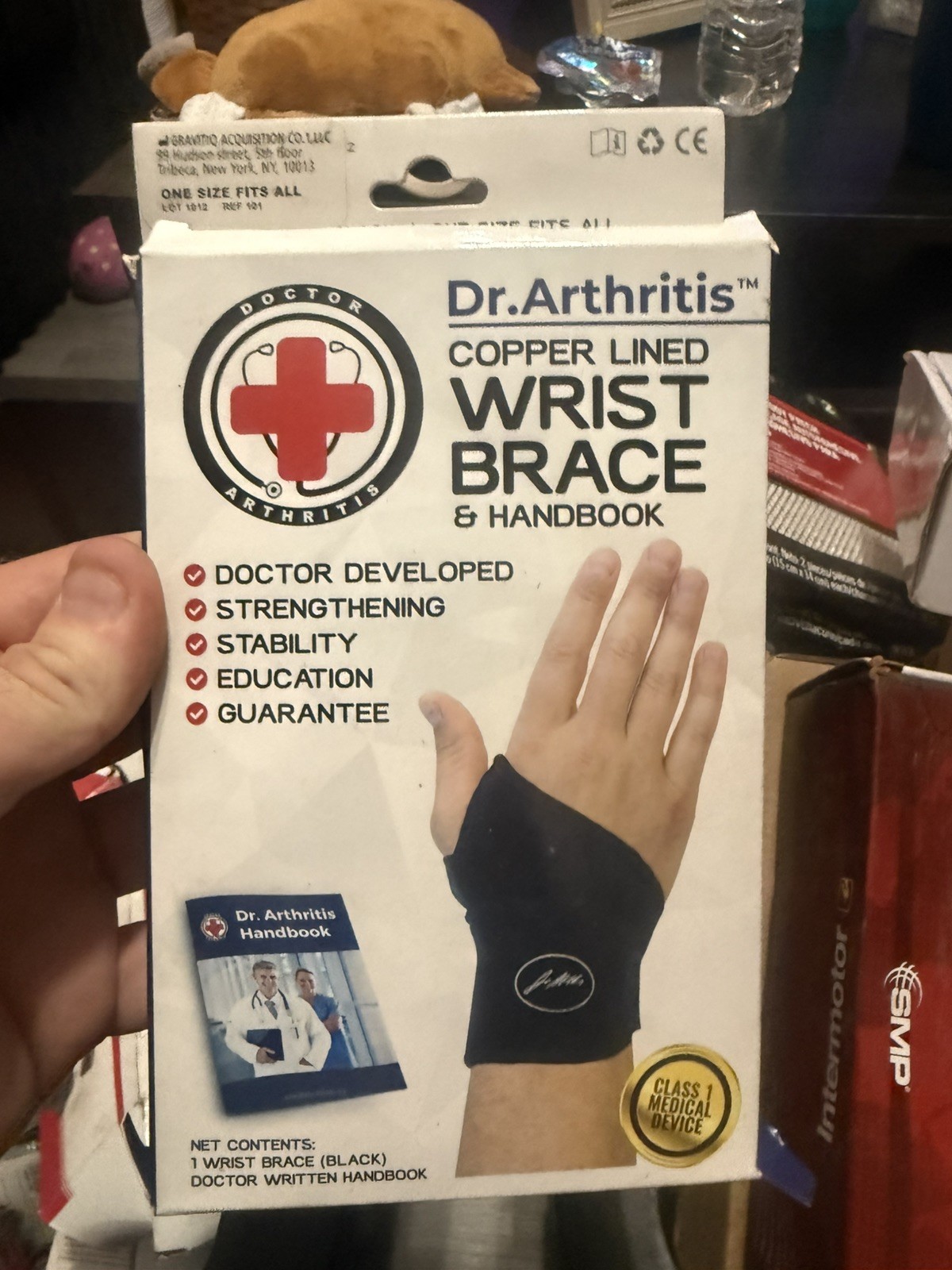 BNWB DR. ARTHRITIS COPPER LINED WRIST BRACE & HANDBOOK 1 SIZE LEFT OR RIGHT BLK