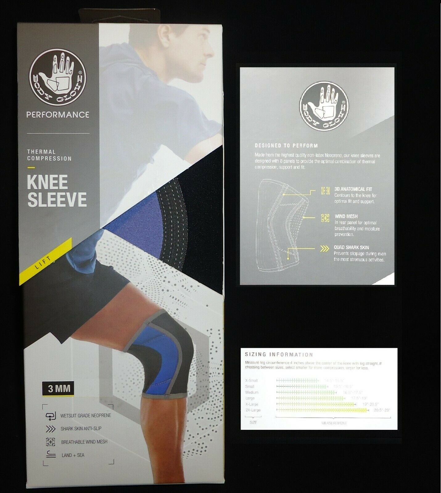 Body Glove Performance Thermal Compression Knee Sleeve Medium Black Blue Gray