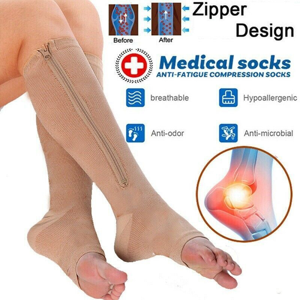 Zipper Compression Socks Knee High Open Toe Stockings 20-30 mmhg for Diabetic