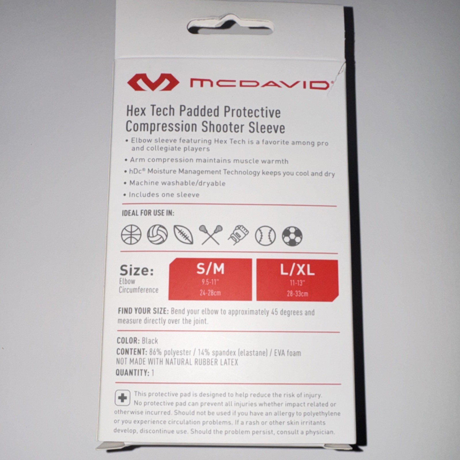 McDavid Hex Tech Padded Shooter Compression Sleeve Arm/Elbow Black S/M