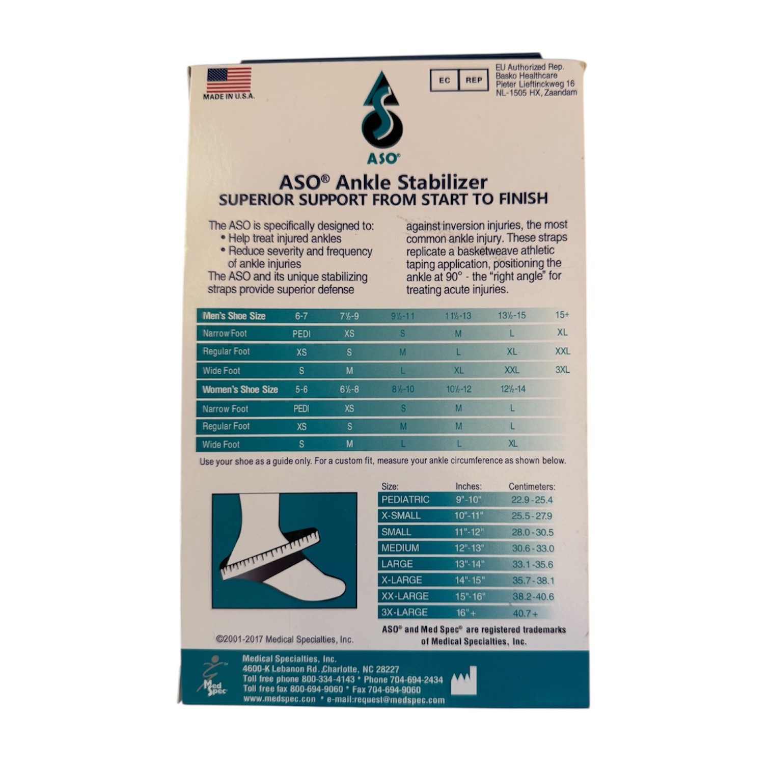 Med Spec ASO Ankle Stabilizer – Black, Size Small Brand New
