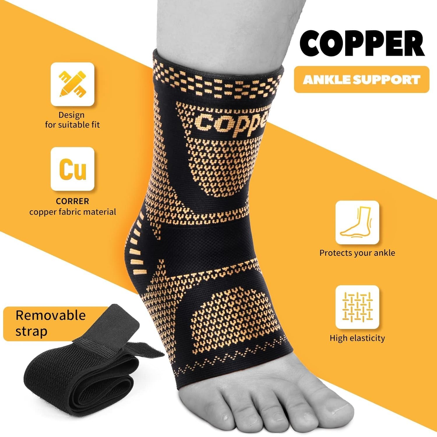 Copper Ankle Brace – Adjustable Compression Sleeve for Pain Relief – Large Size