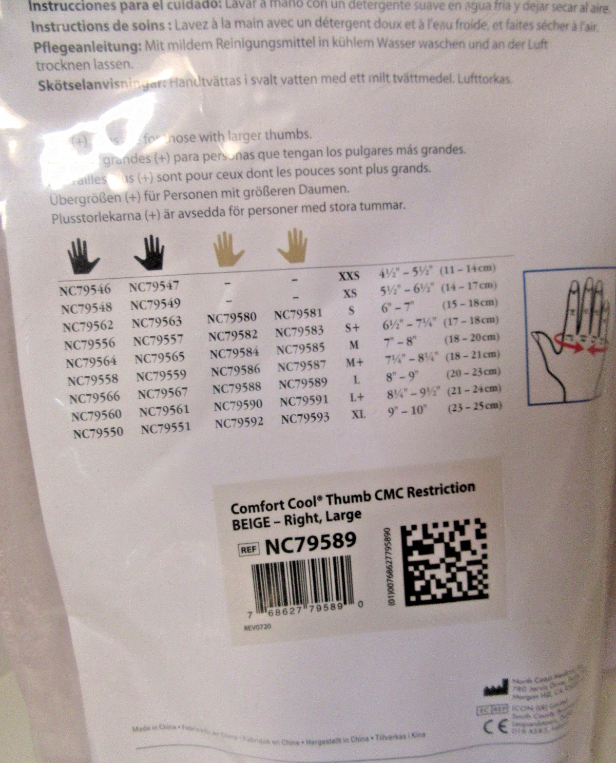NEW Comfort Cool Thumb CMC Restriction Splint BEIGE RIGHT LARGE NC79589