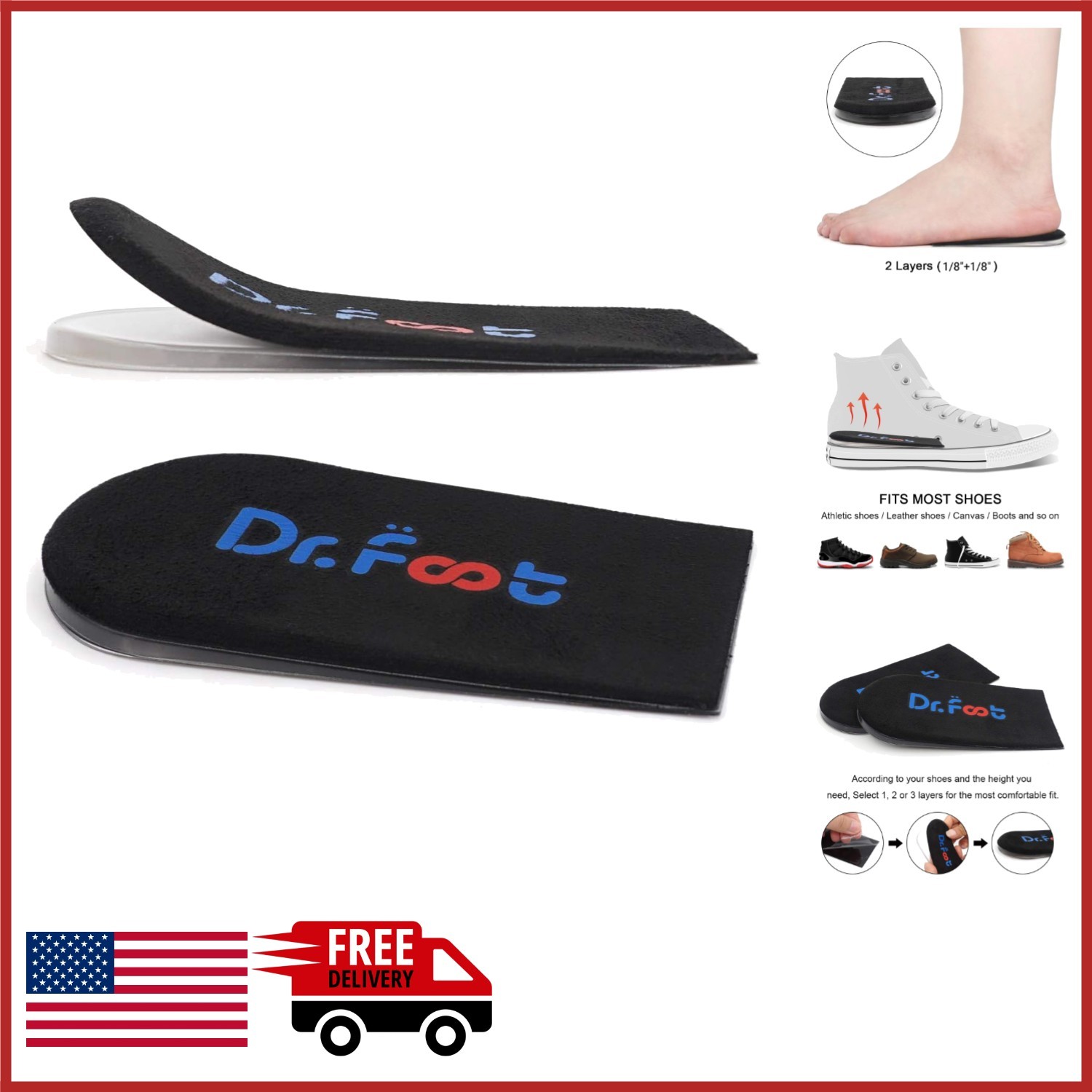 Orthopedic Heel Lift Inserts for Men and Women, Height Increase Insole 2 Count