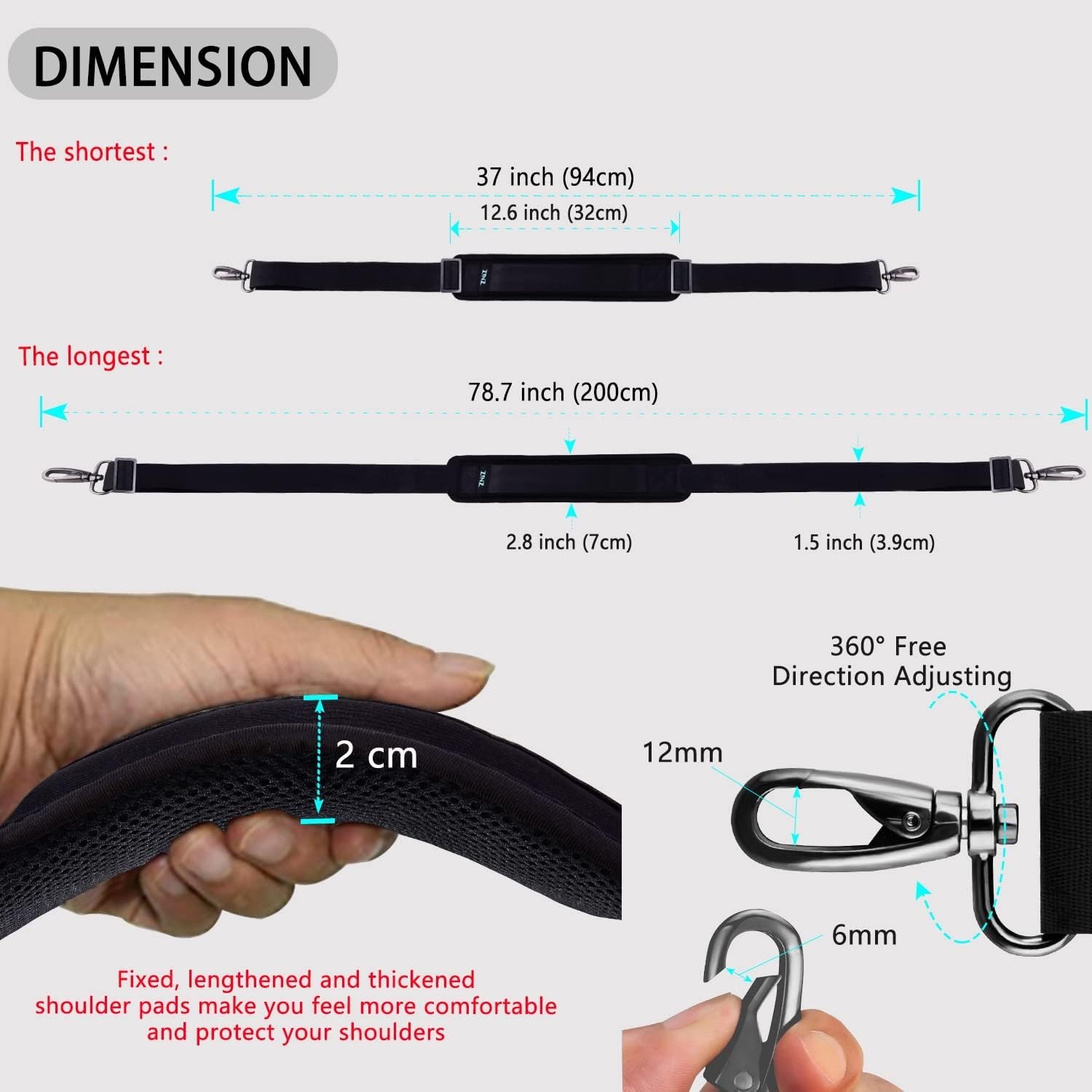 79 inch Shoulder Strap, Extra-thick Fixed Cushion Pad and Dual Clasps Univers…