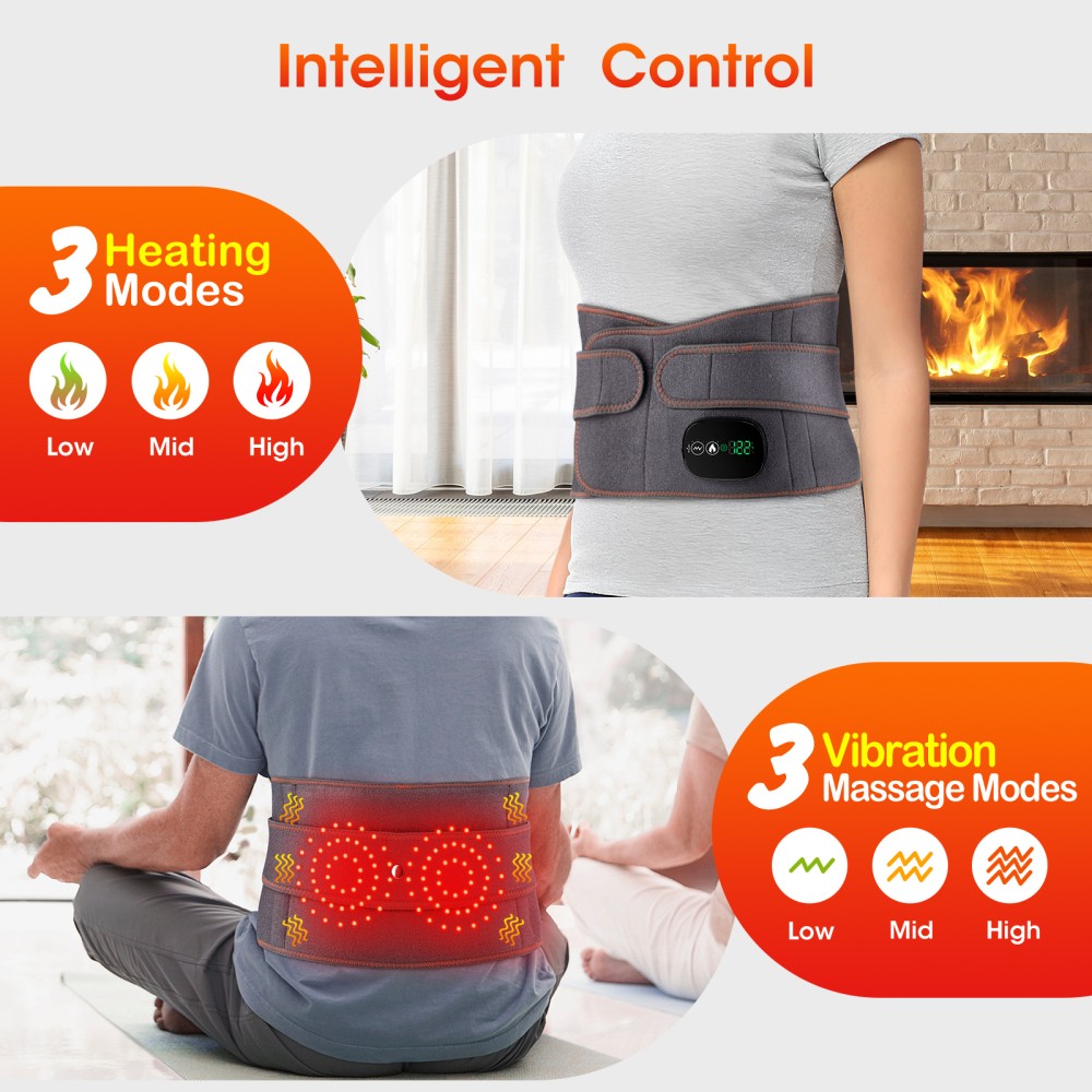 Cordless Heating Pad Belt Wrap for Back Massager with 3 Heating and 3 Vibration