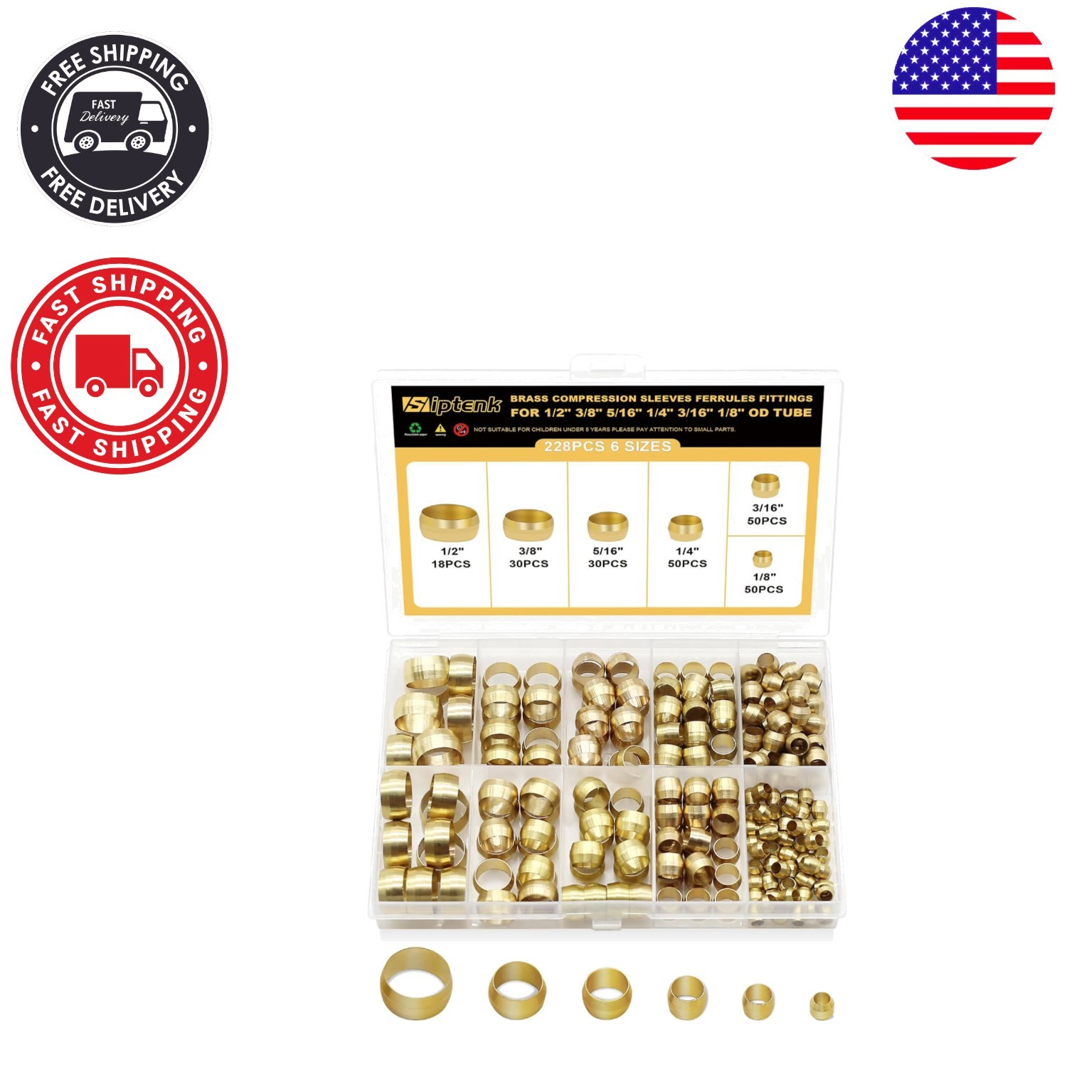 Universal Brass Compression Sleeves Kit 228PCS – 6 Sizes for Tough Applications