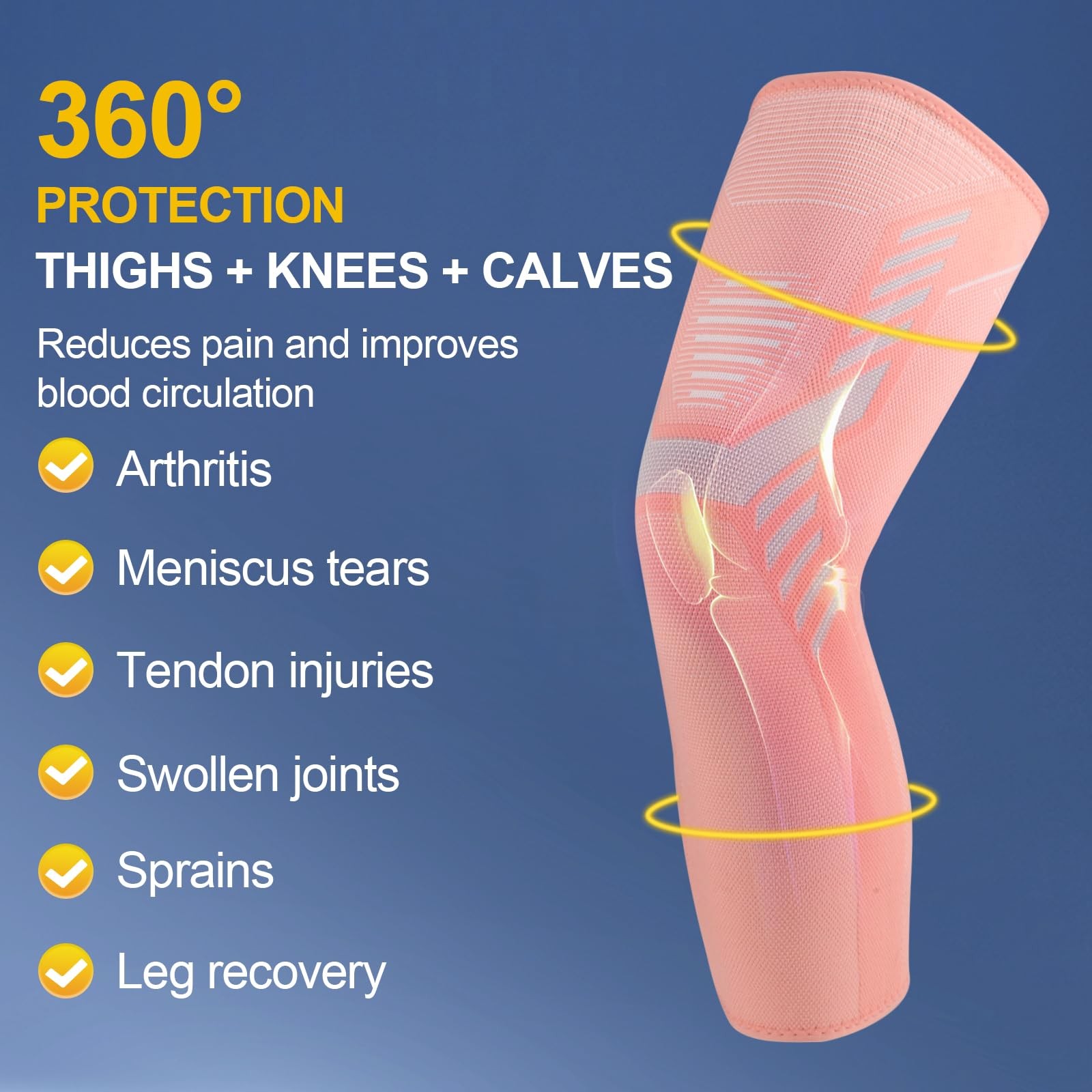 1 Pair Long Leg Compression Sleeve Knee Braces with Non Slip Silicone Sports