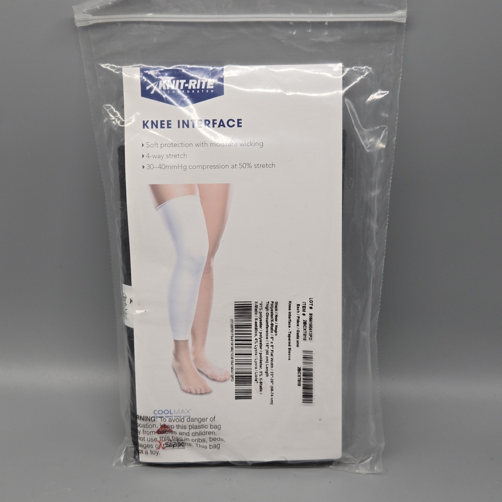 NEW Knit Rite Therafirm Knee Interface Sleeve X Static Black 8×18 2BCXT818