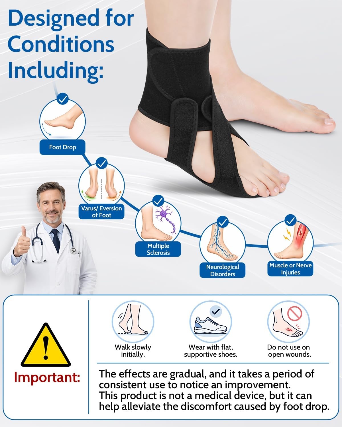 Drop Foot Brace for Walking Ankle and Foot Orthosis Adjustable Fit RIGHT FOOT