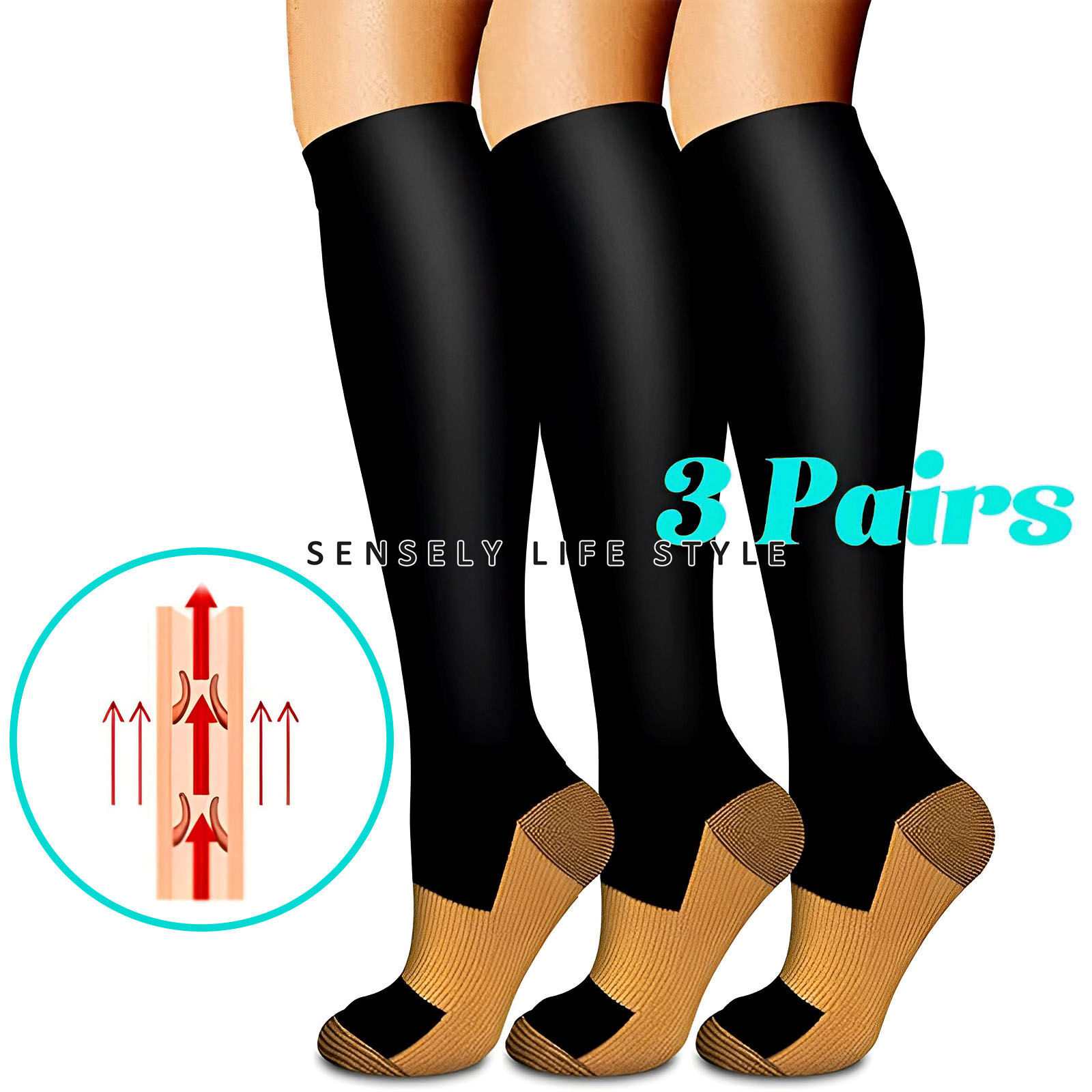 Compression Knee High Socks Women Ladies (3 Pairs) Trouser Dress Shoe Size 5-10