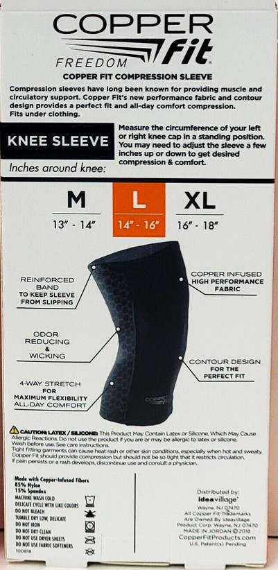 Copper Fit Knee Support Compression Sleeve Brace Sport Pain Relief Large 14-16″