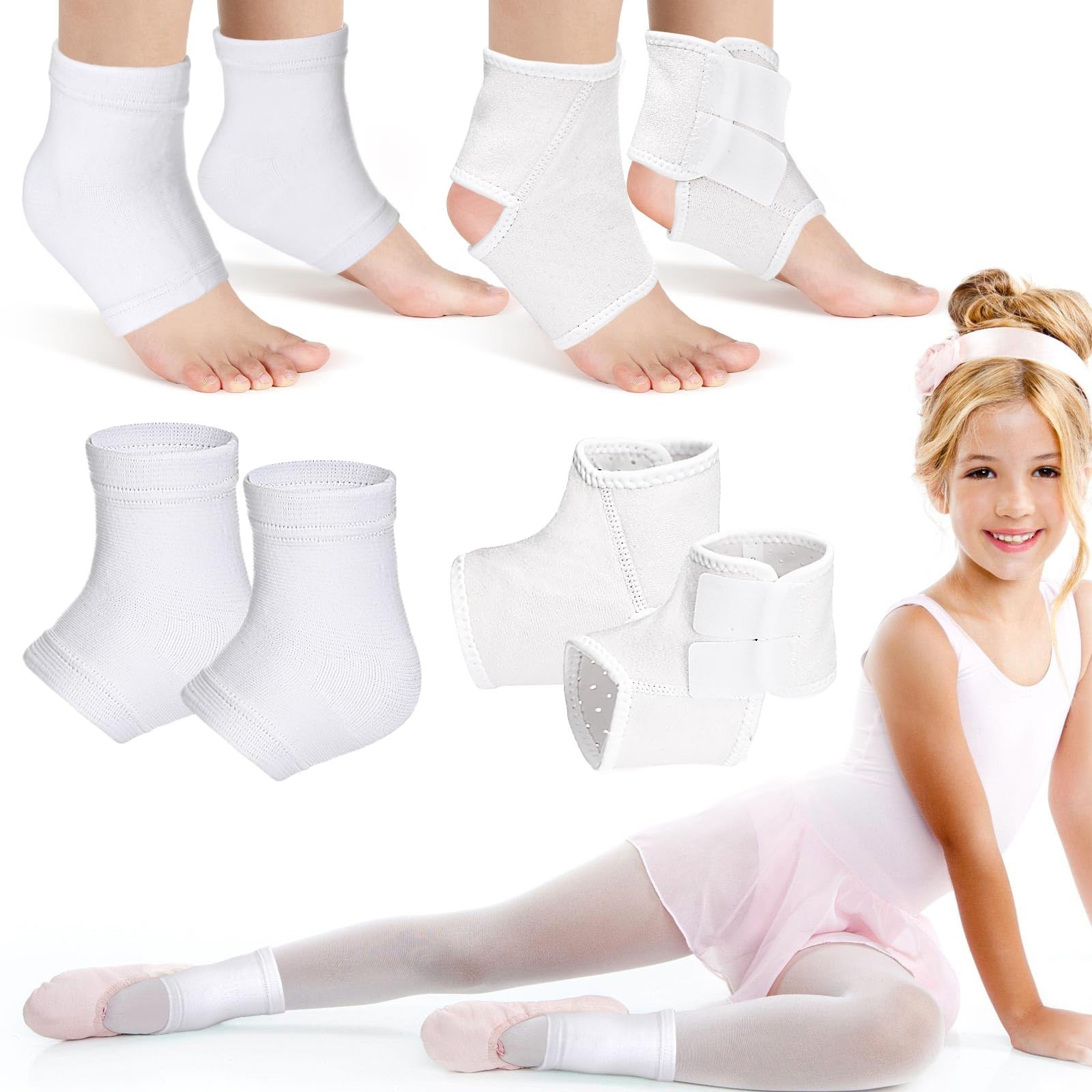2 Pairs Kids Ankle Brace Set, Medium, White, Knitted Sleeve, Foot Support Wrap