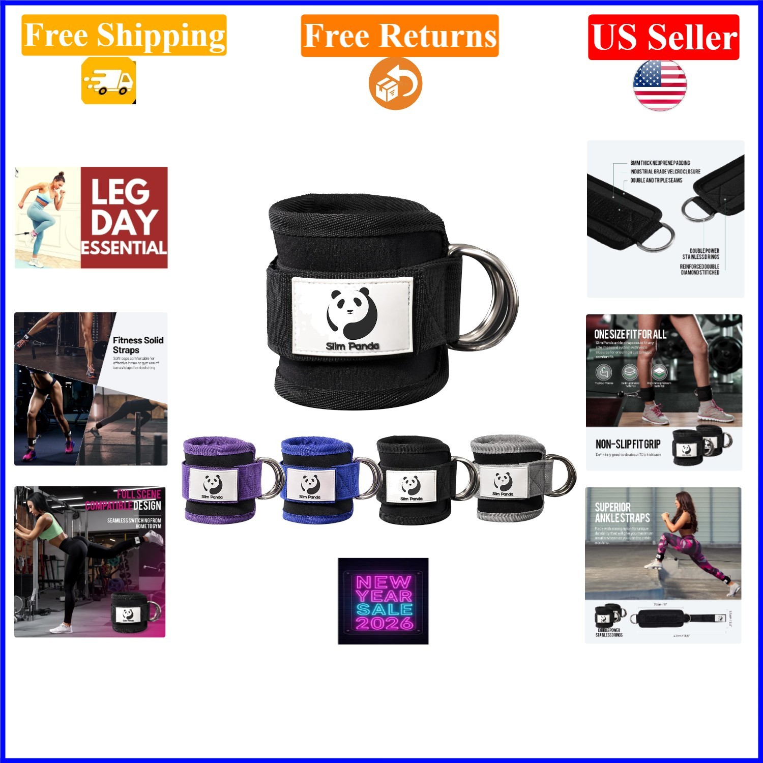 Adjustable Black Ankle Straps for Cable Machine, Men & Women, Neoprene