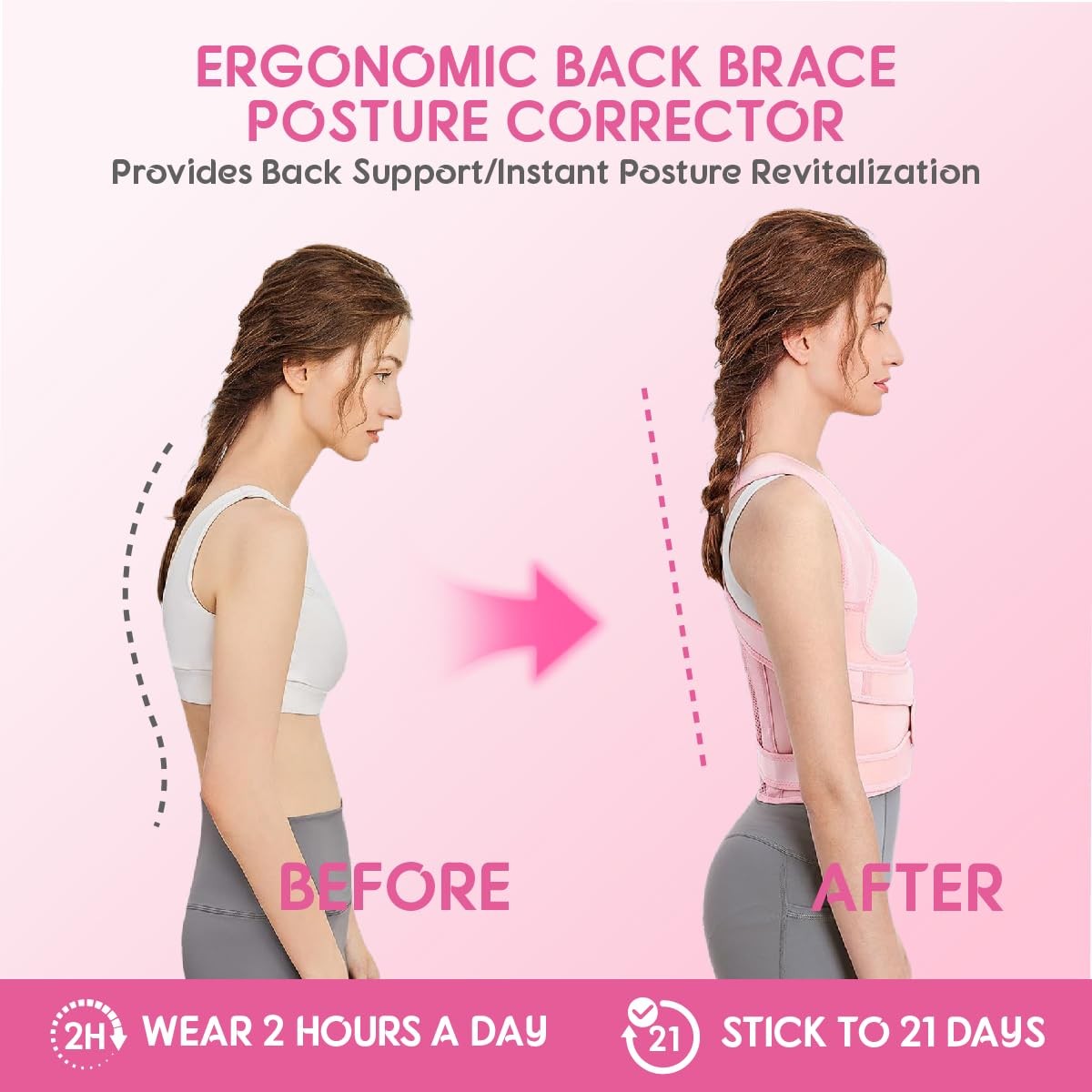 Posture Corrector for Women and Men,Adjustable Full Back Brace Medium, Pink