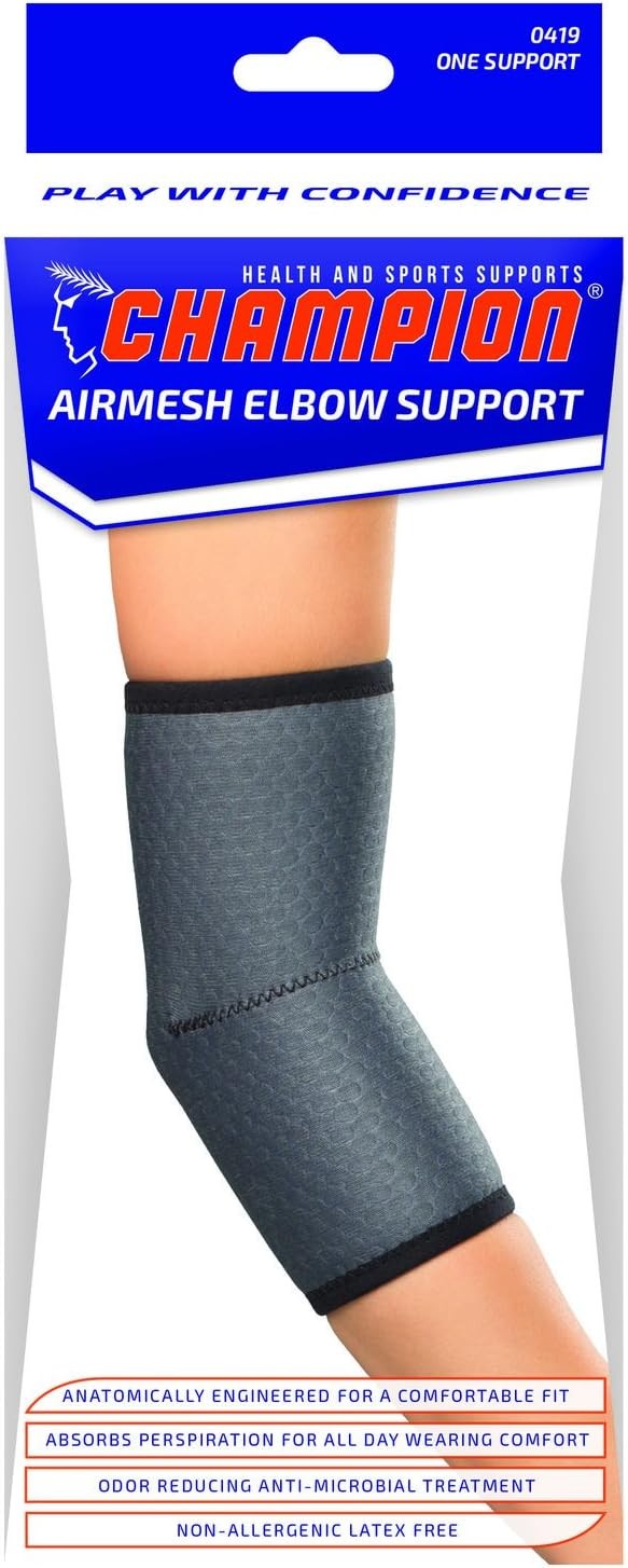 Champion Elbow Brace, Lightweight Support, Airmesh Fabric, Grey, Medium