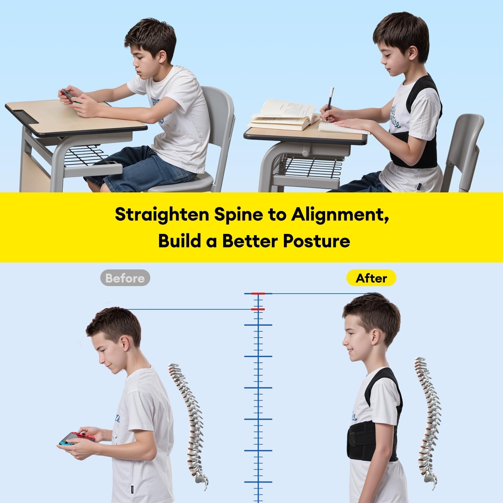 babaka Back Brace Posture Corrector for Kids, Adjustable Full Back Support, f…