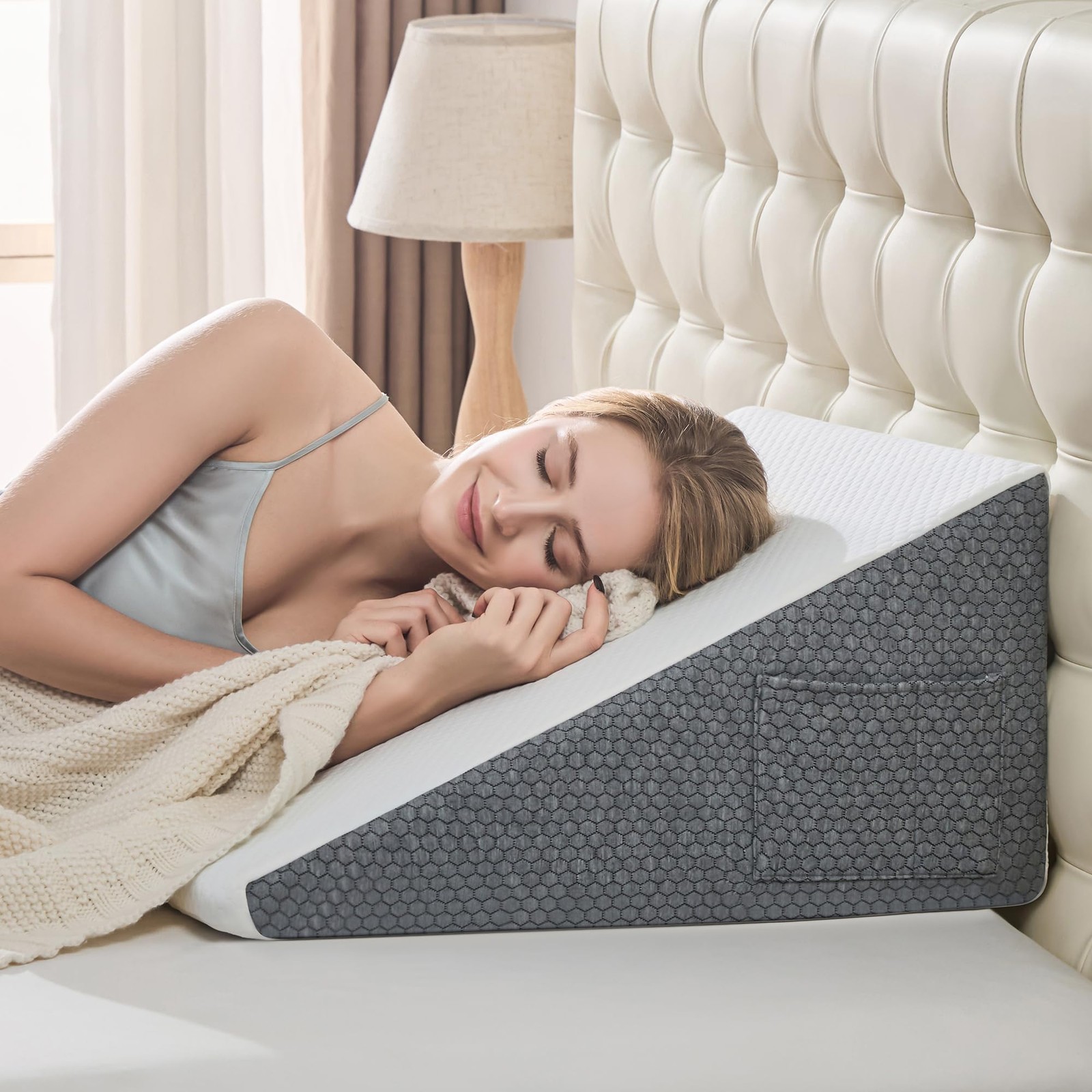 Yojoker Wedge Pillow for Sleeping – 12 Inch Bed 24*24*12 inch, Grey & White