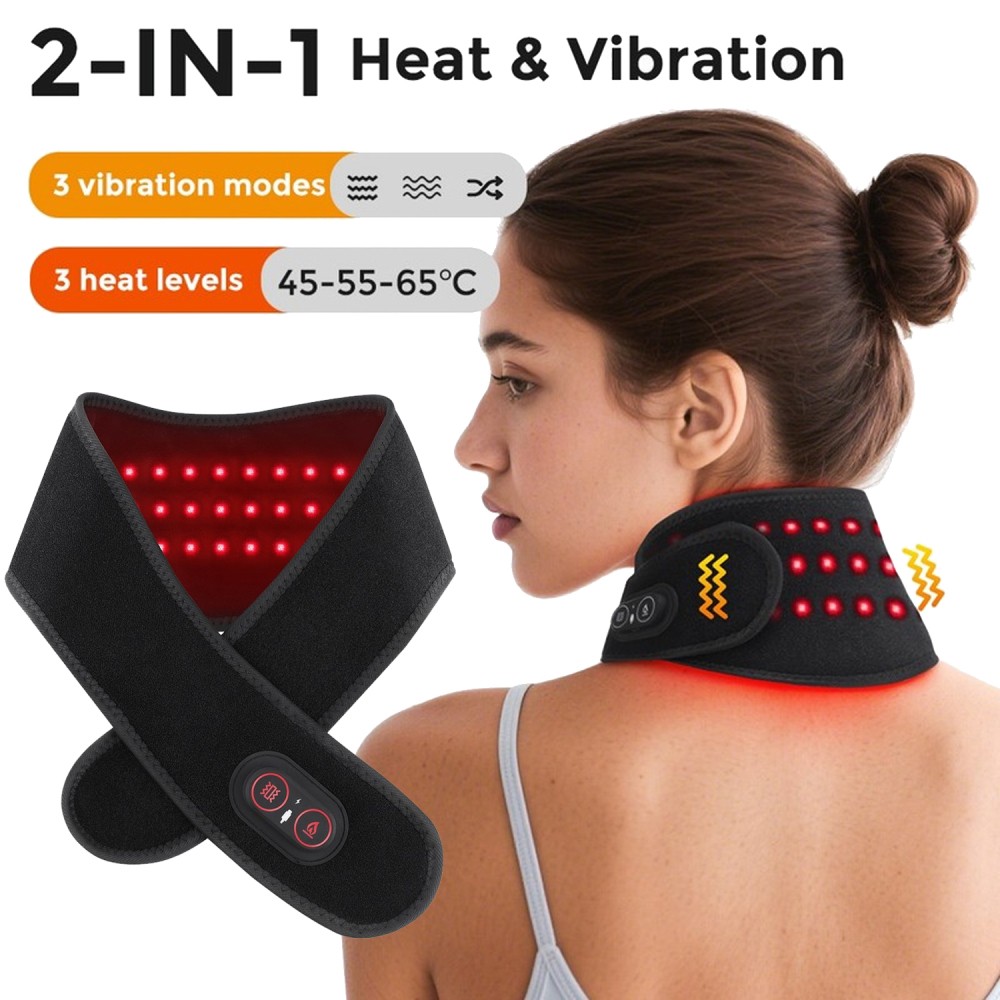 Cordless Electric Heating & Vibration Neck Massager Brace with Light 36LED 660nm