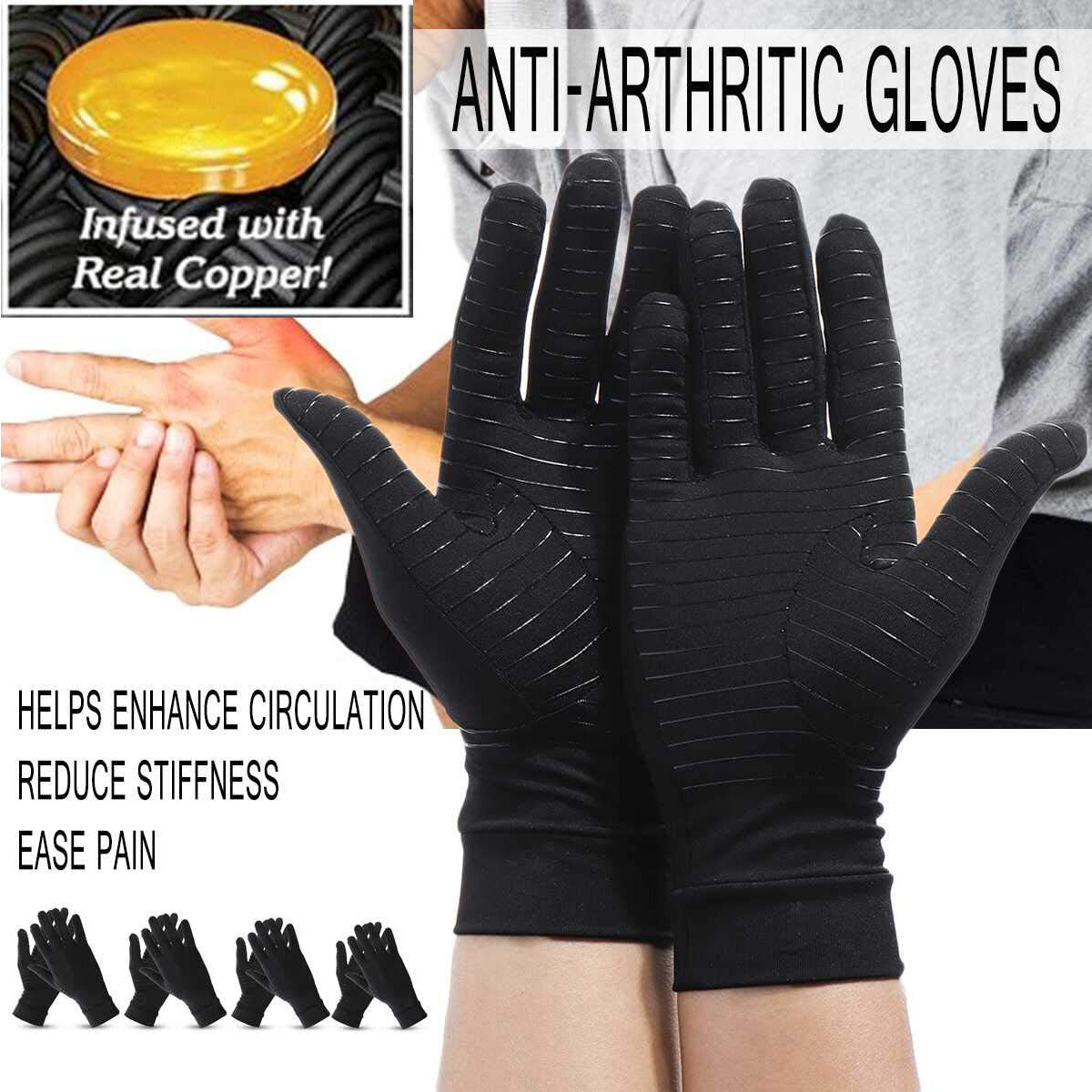 Non-Slip Copper Arthritis Compression Gloves Full Finger – L Fits 4″ Palm Width