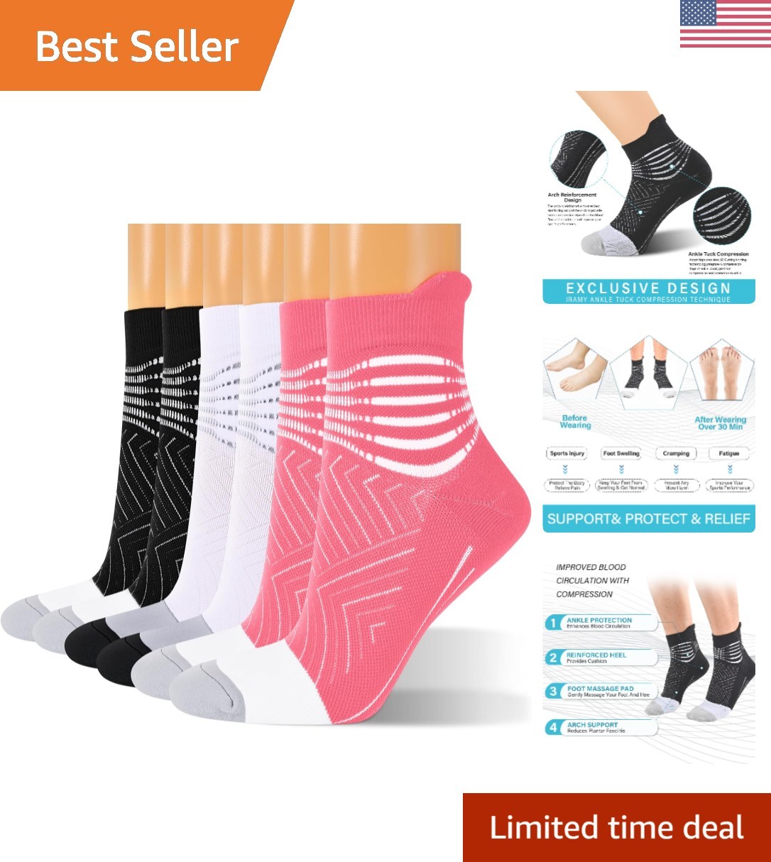 Compression Ankle Support Socks for Women | Plantar Fasciitis Relief – 3 Pairs