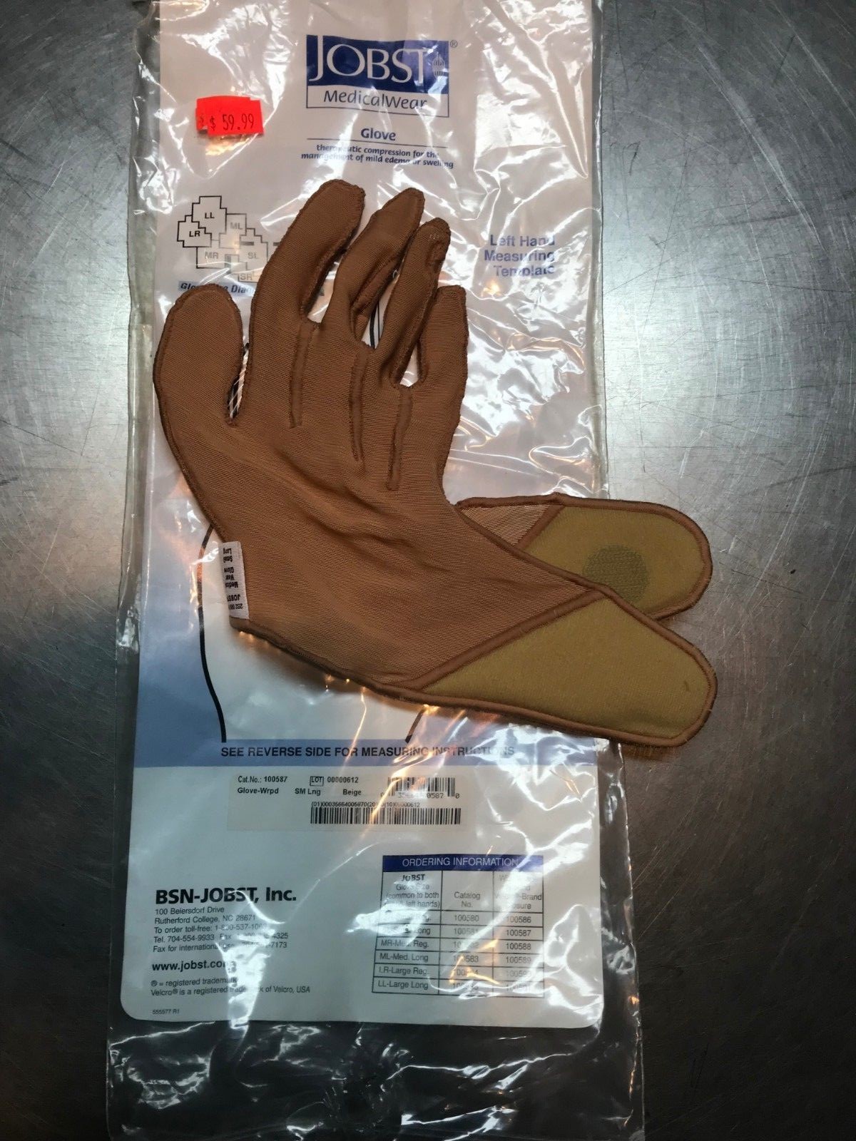 1000587 JOBST Medical Wear Compression Glove Beige SMALL LONG Velcro Closure