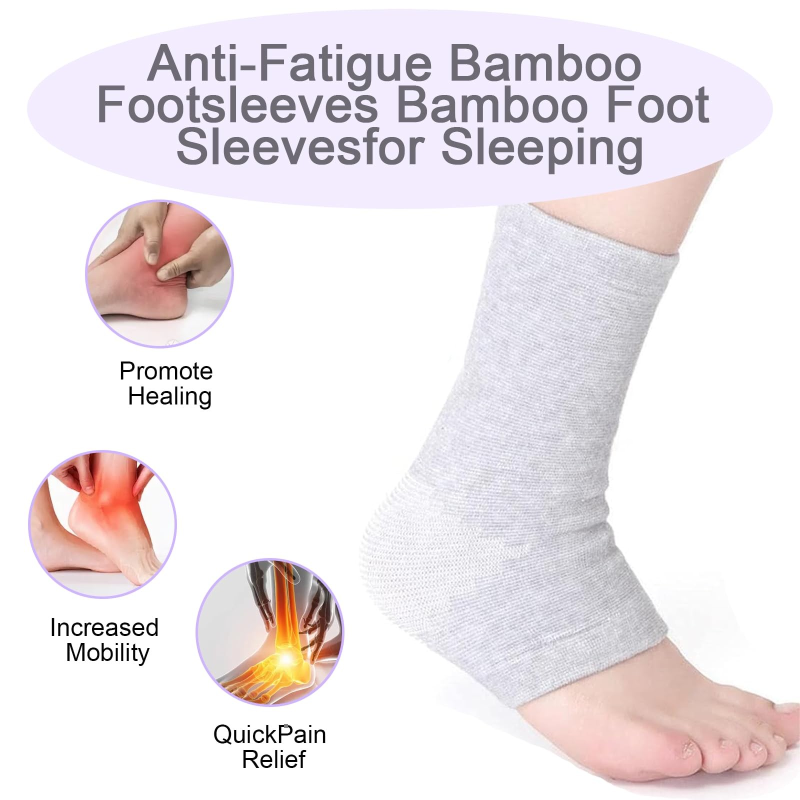 2 Pairs of Compress Bamboo Foot Sleeves,Keep Warm Ankle One Size, Grey