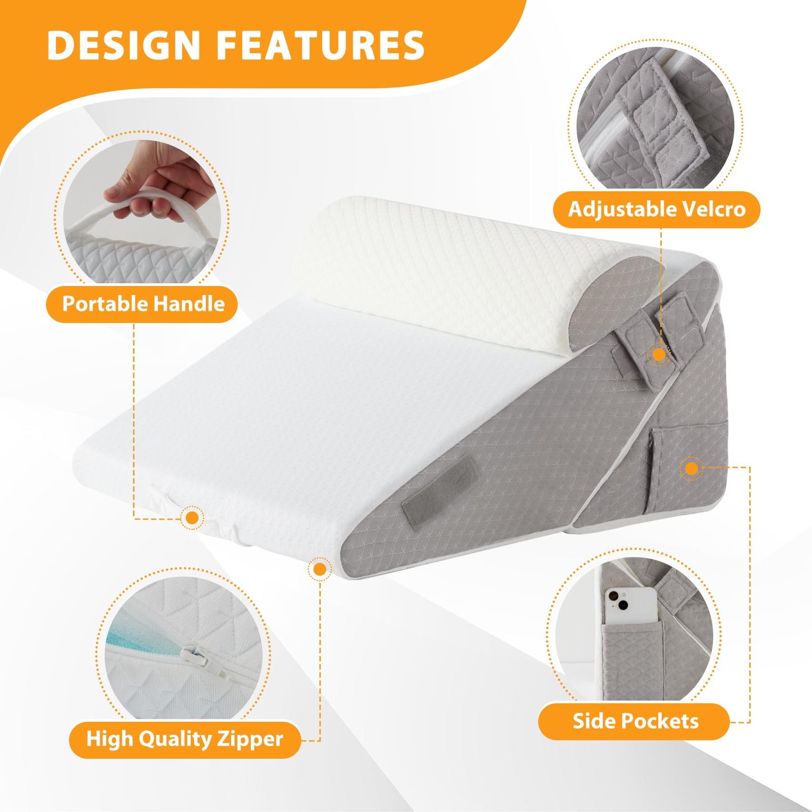 Ruqmuis 3PCS Wedge Pillow Adjustable 9&12 Inch + 1 Head Pillow, White/Grey