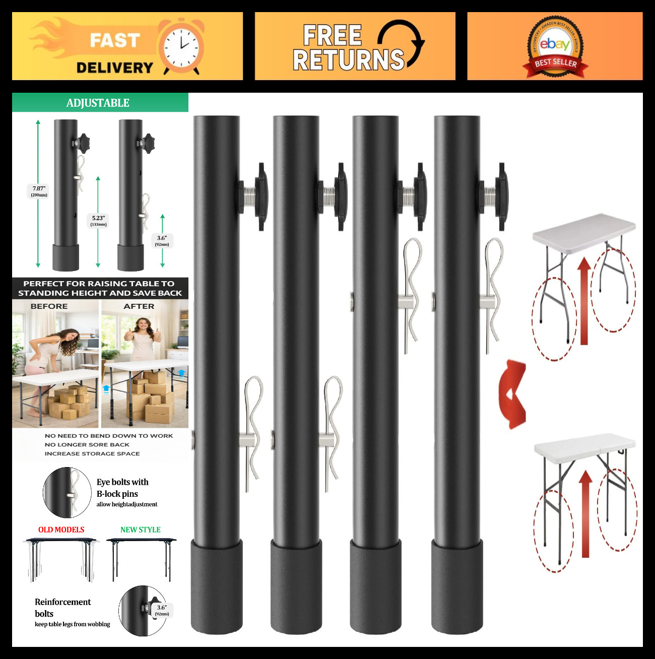 Adjustable Folding Table Leg Risers – 2 Heights, Durable Extenders for Back Pain