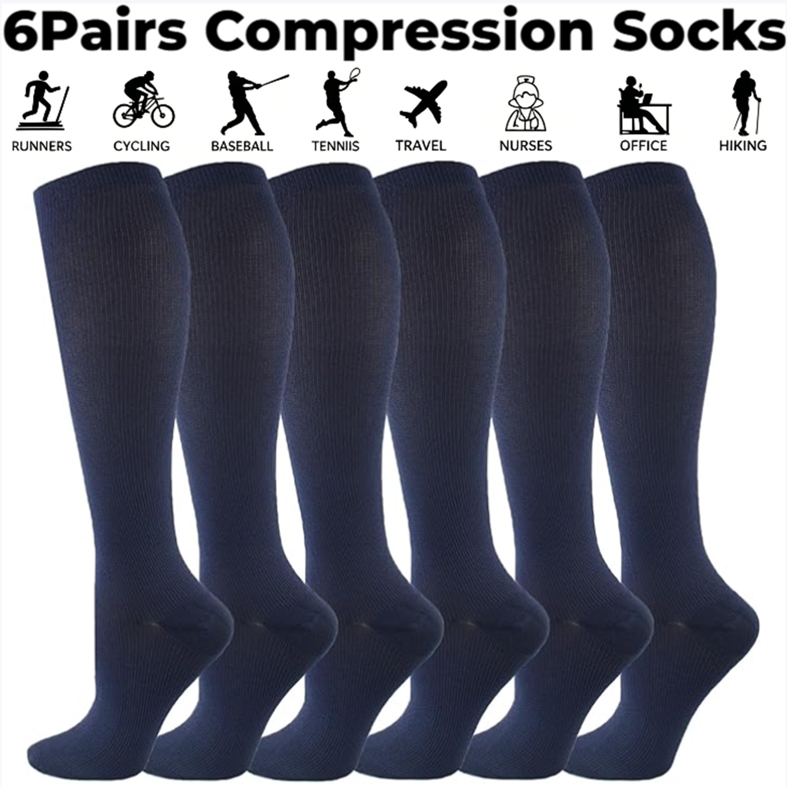 6Pairs Compression Socks Knee High 20-30mmHg Graduated Support Men Women S-XXL